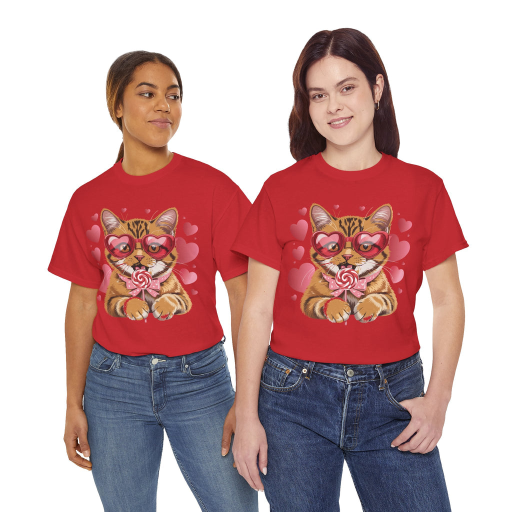Valentine Cat Tee — Heart Glasses, Lollipop Bow Unisex Cotton Tee