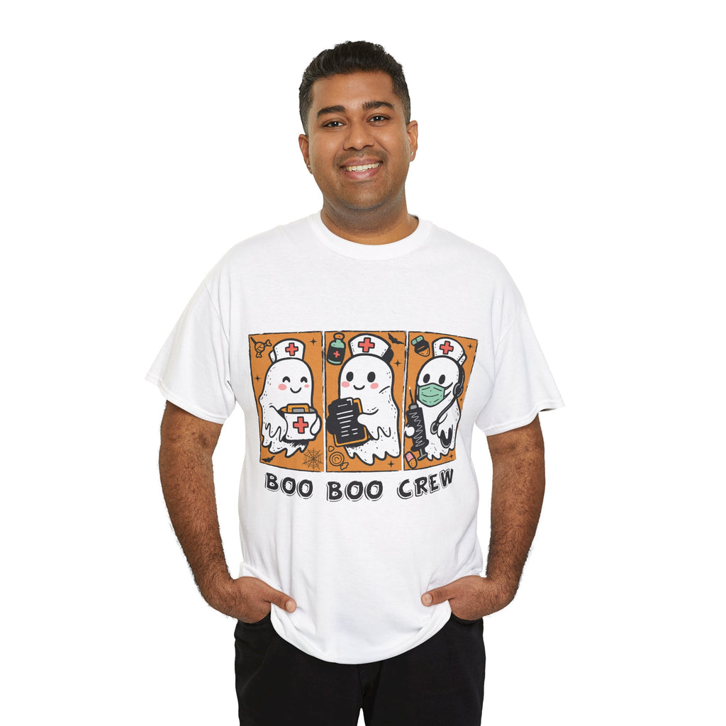 Halloween Nurse T-Shirt — Ghost Nurses Holding Medical Tools on Orange Unisec Cotton Tee