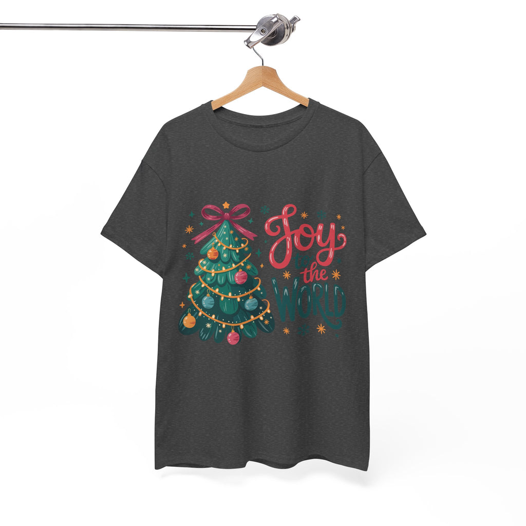 Joy to the World Christmas Tee — Festive Tree with Pink Bow..Unisex Cotton Tee