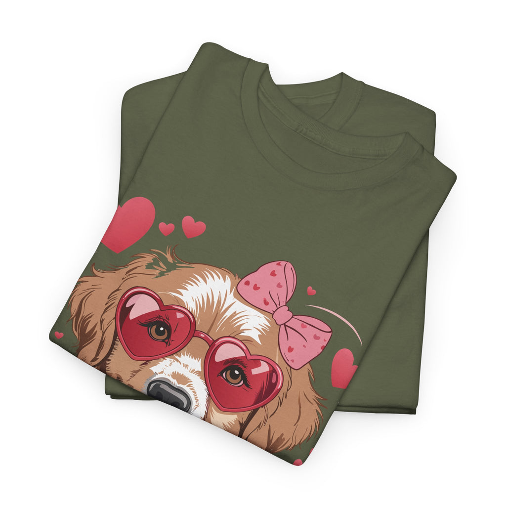 Valentine Dog T-Shirt — Cute Pup with Heart Glasses, Pink Bow & Lollipop..Unisex Cotton Tee