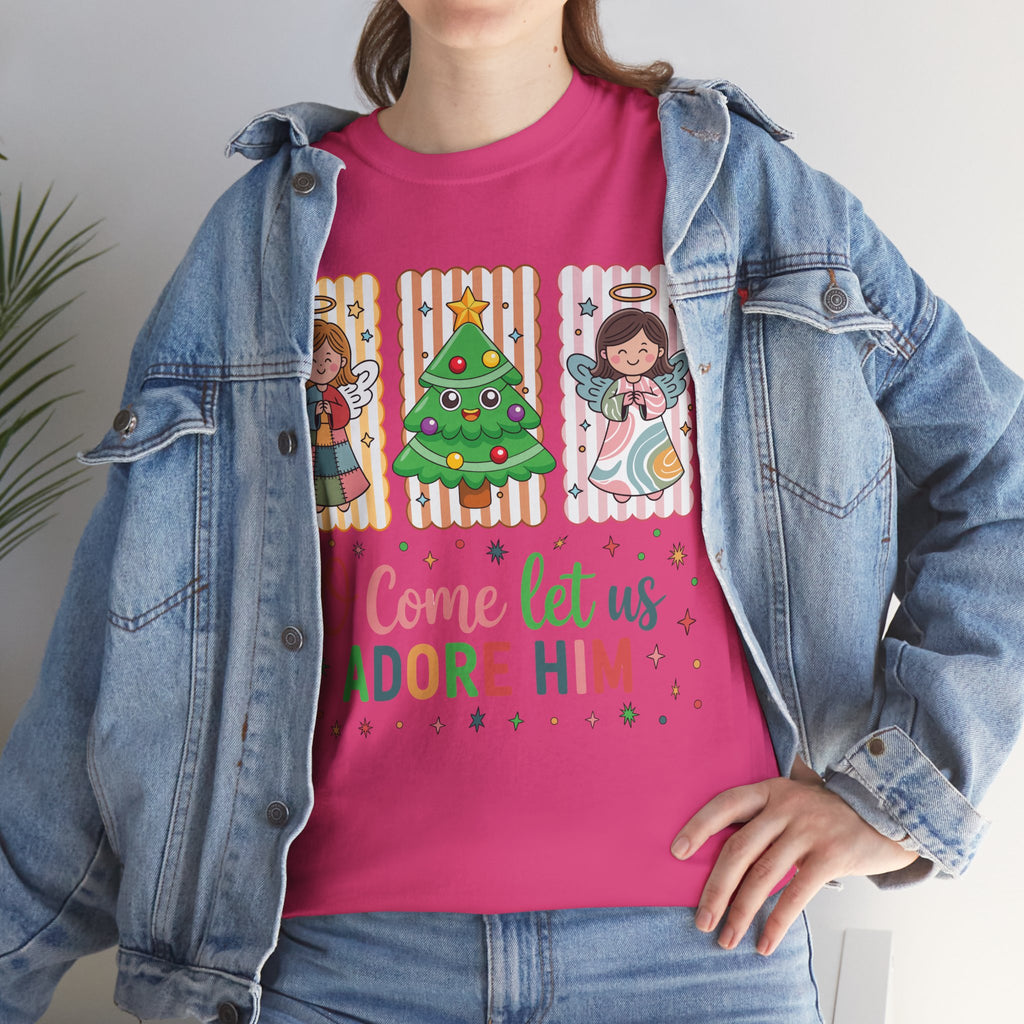 O Come Let Us Adore Him Christmas Tee — Smiling Angels & Happy Tree..Unisex Cotton Tee