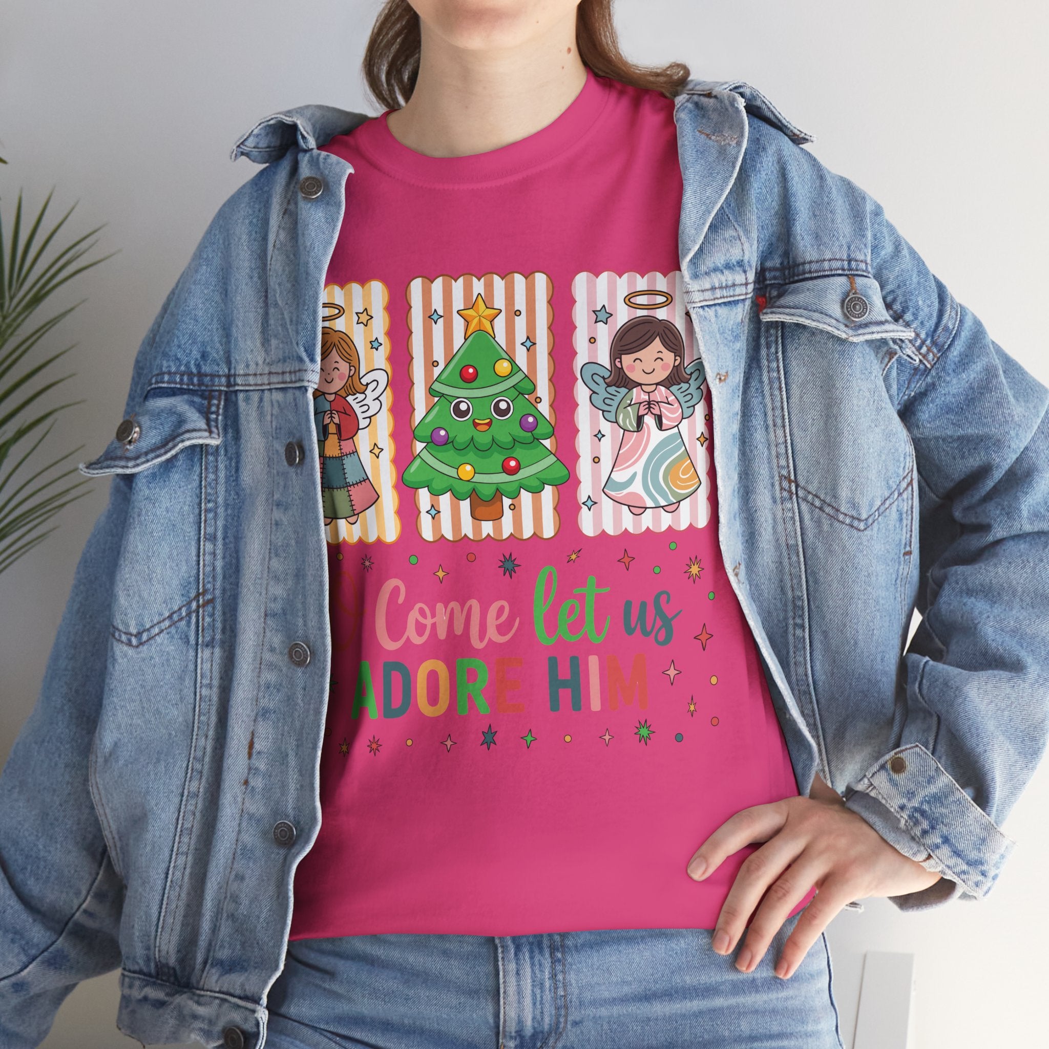 O Come Let Us Adore Him Christmas Tee — Smiling Angels & Happy Tree..Unisex Cotton Tee