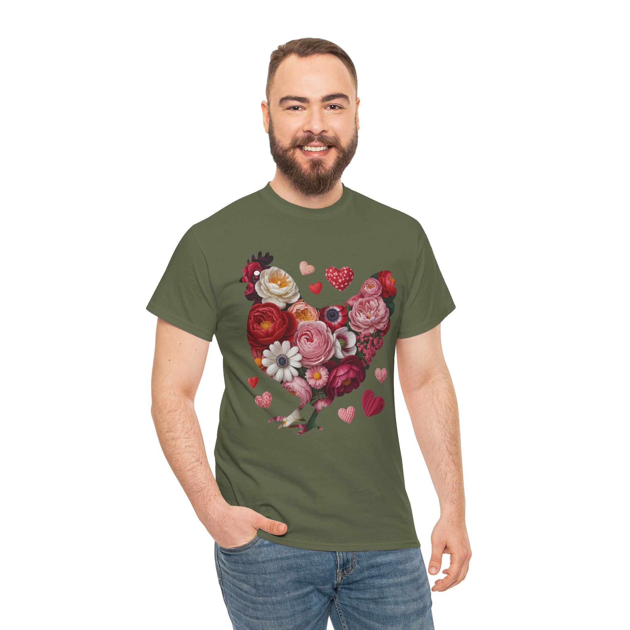 Floral Chicken Heart Tee — Red & Pink Flower Silhouette Unisex Cotton Tee