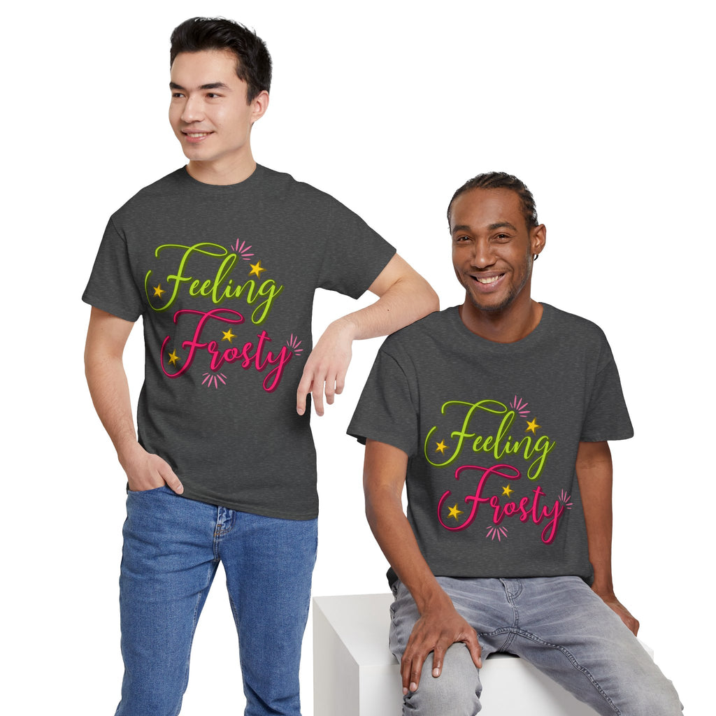 Feeling Frosty Holiday T-Shirt — Green & Pink Script Stars.Unisex Cotton Tee
