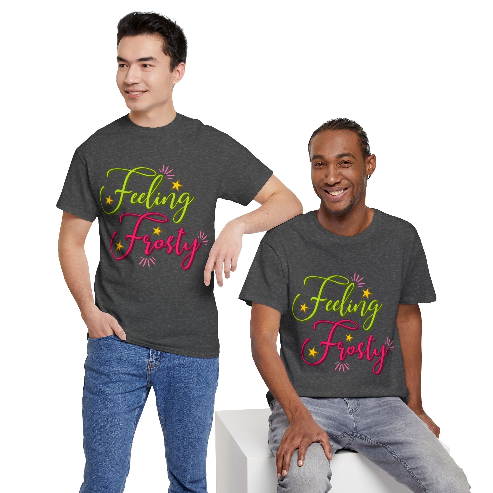 Feeling Frosty Holiday T-Shirt — Green & Pink Script Stars.Unisex Cotton Tee