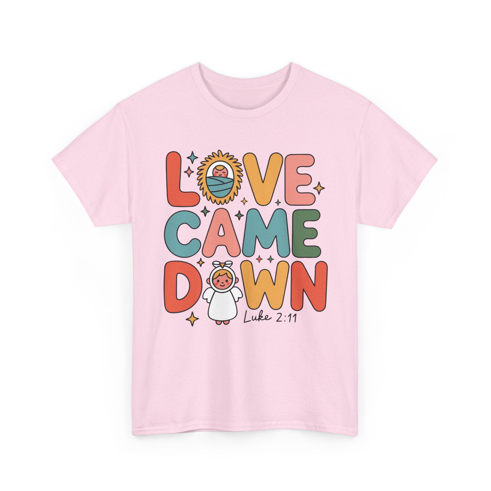 Love Came Down Christmas Tee — Baby Jesus Manger Angel (Luke 2:11)..Unisex Cotton Tee