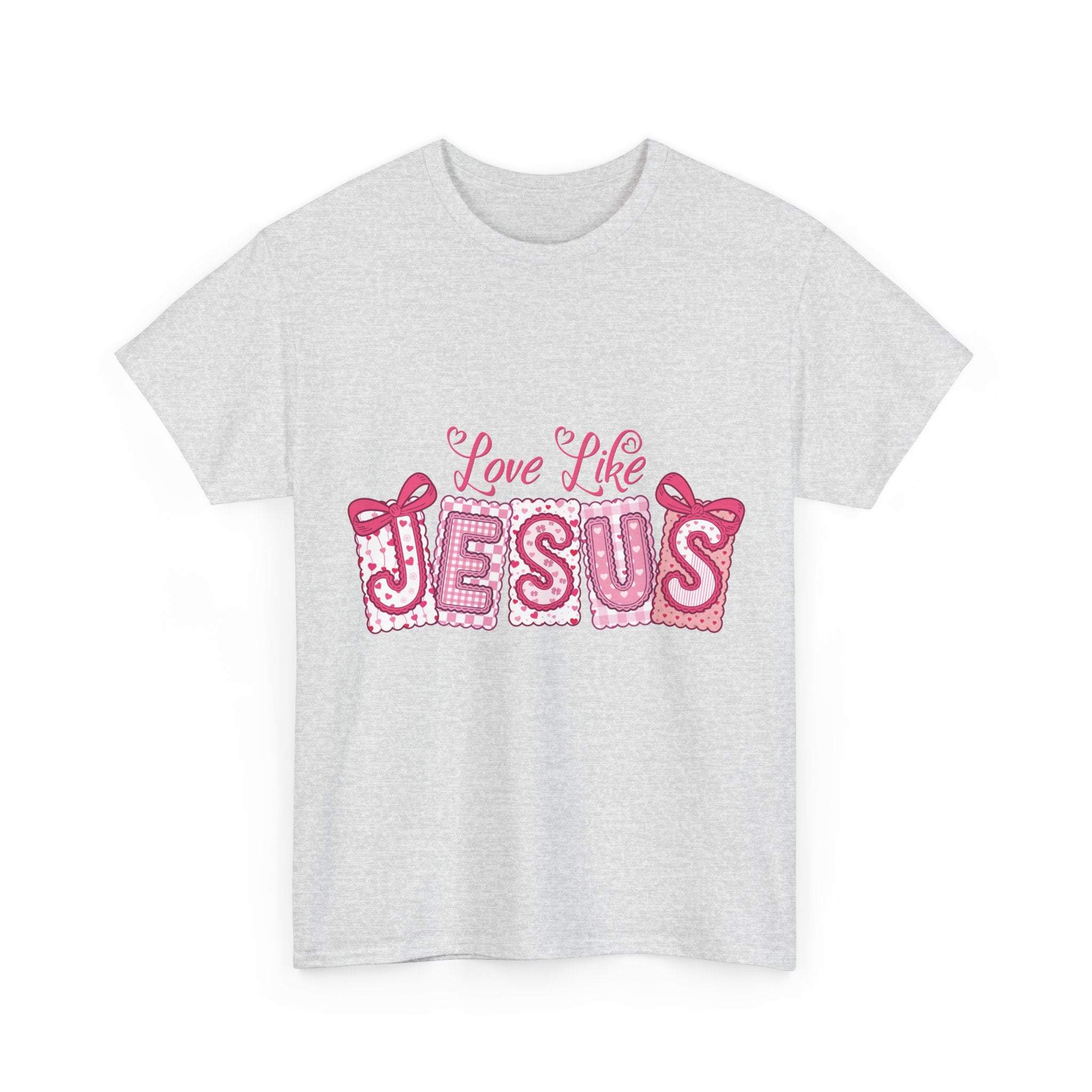 Love Like Jesus Patchwork Tee — Pink Stitched Heart Graphic.Unisex Cotton Tee