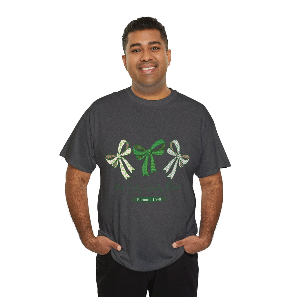 Not Lucky Simply Blessed Tee — Romans 4:7-8 Green Bow Christian Unisex Cotton T-Shirt