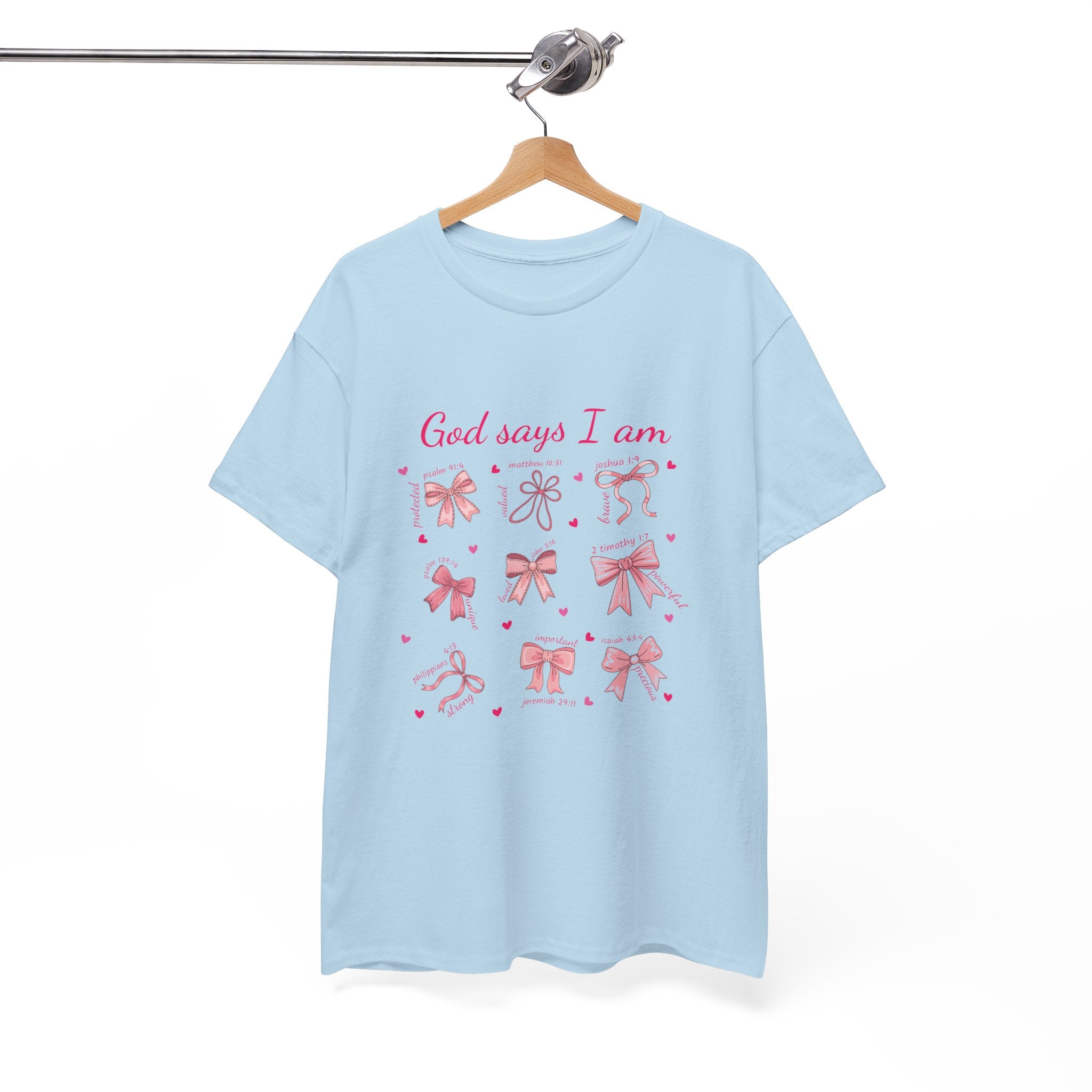God Says I Am Pink Bow Tee — Faith-Based 'Loved, Brave, Strong' Unisex Cotton Shirt