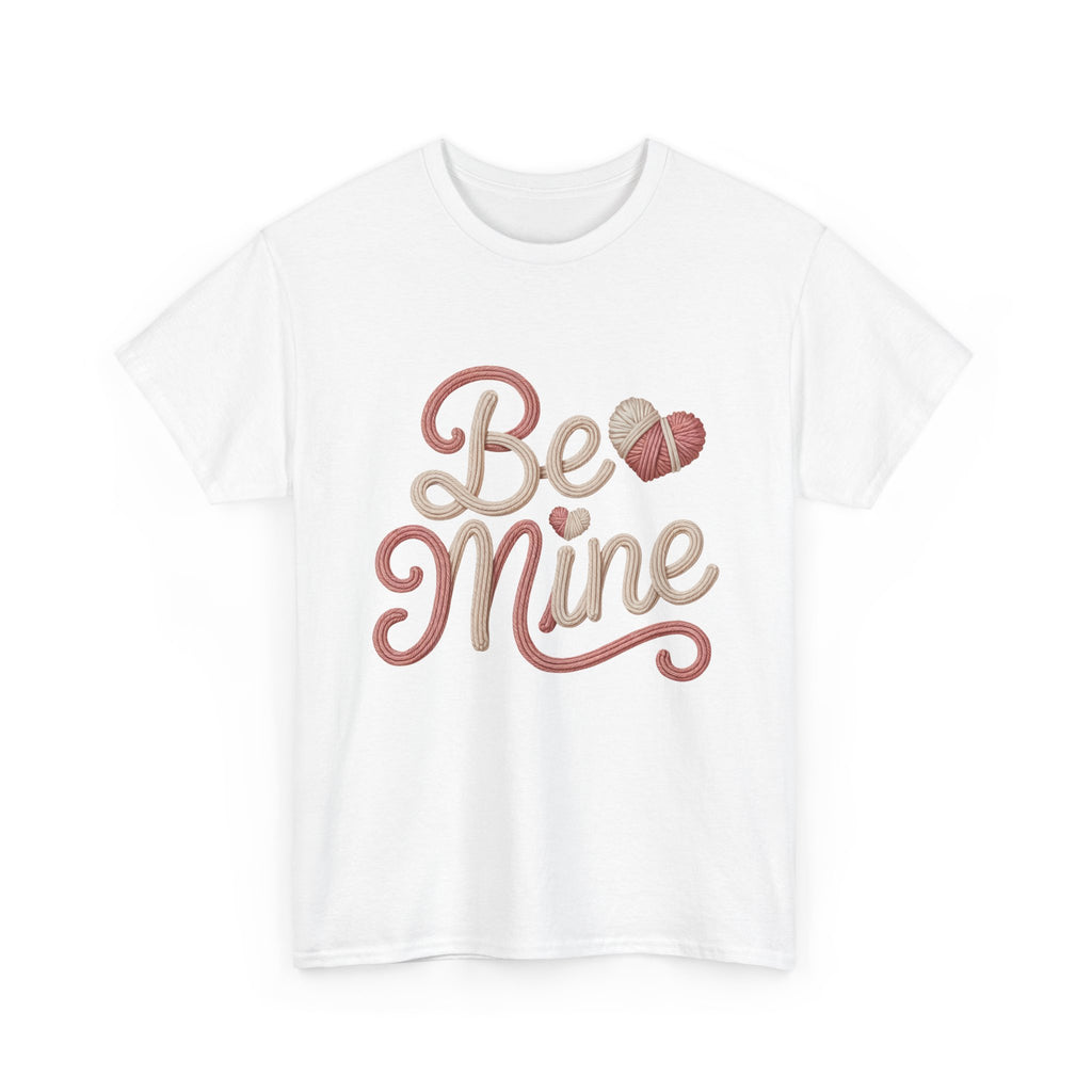 Be Mine Yarn Heart T-Shirt — Valentine’s Faux-Yarn Pink & Cream Unisex Cotton Tee