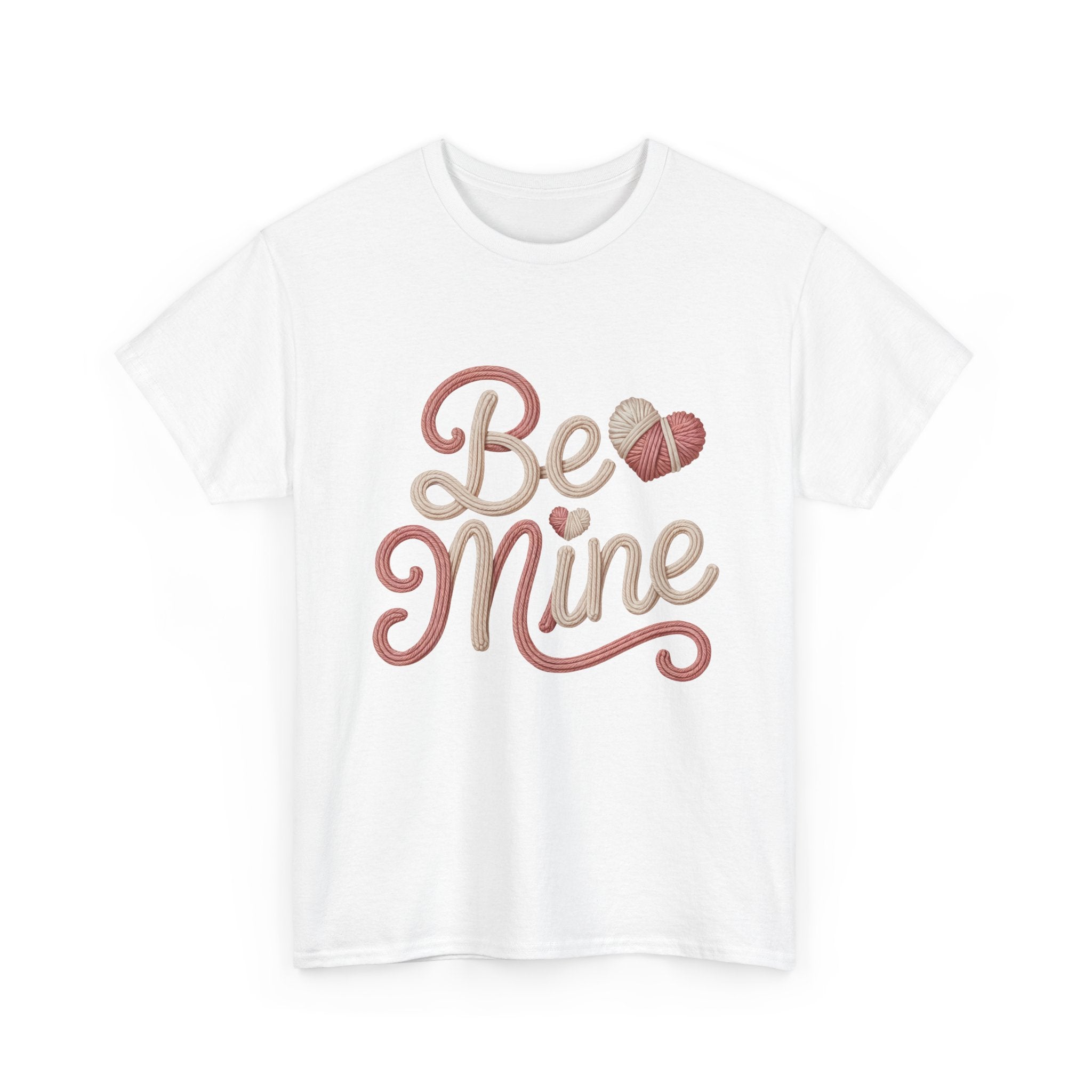 Be Mine Yarn Heart T-Shirt — Valentine’s Faux-Yarn Pink & Cream Unisex Cotton Tee