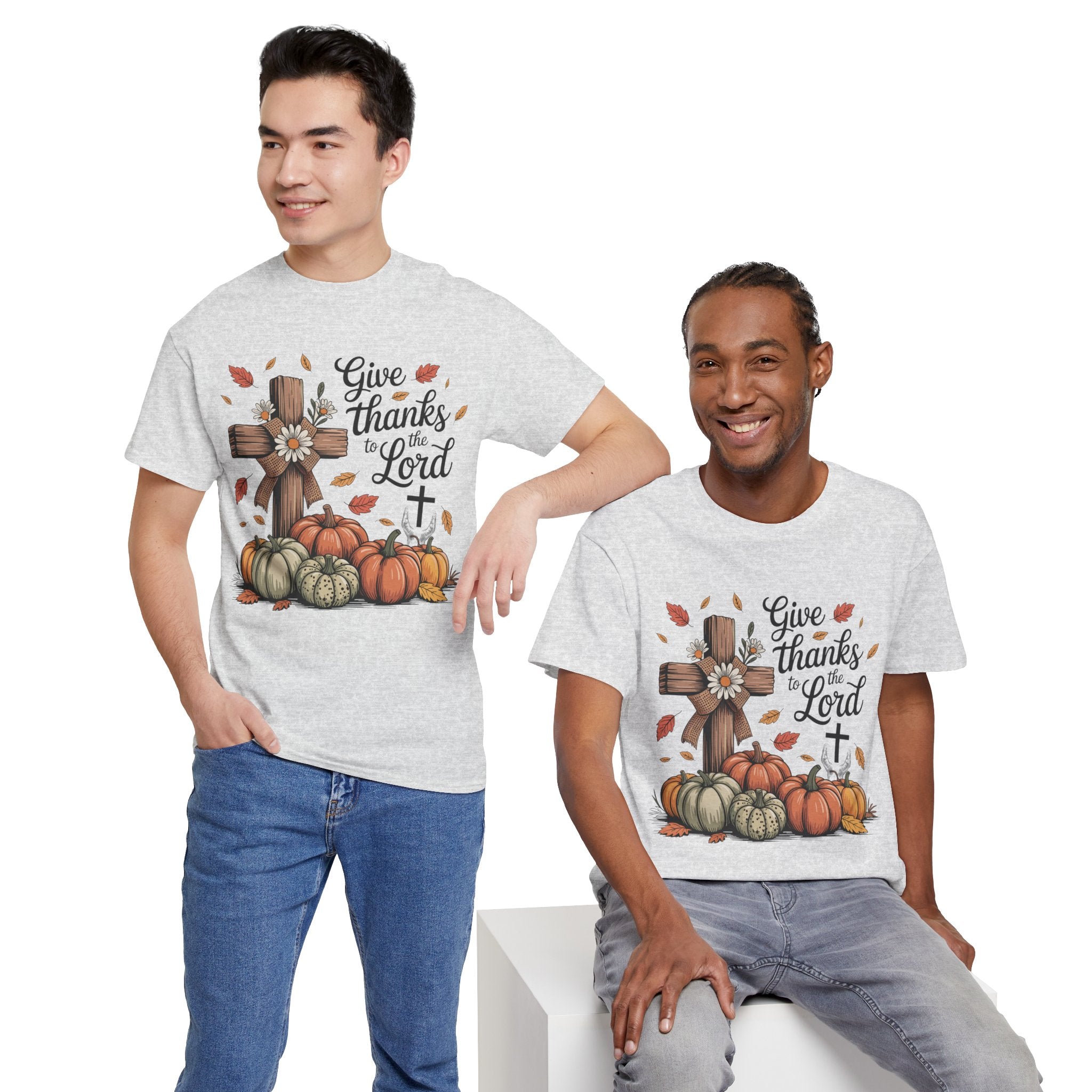 Give Thanks to the Lord Autumn Tee — Wooden Cross, Pumpkins & Daisies..Unisex Cotton Tee