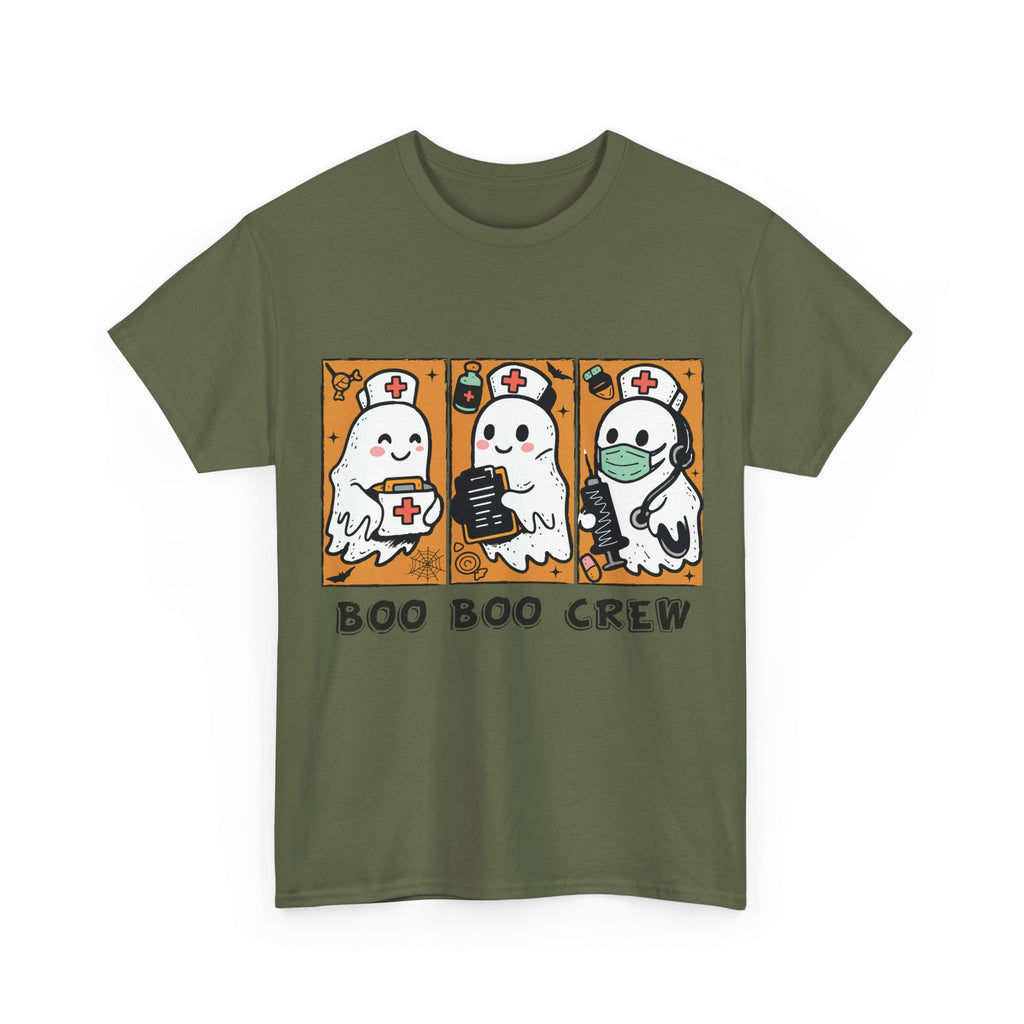 Halloween Nurse T-Shirt — Ghost Nurses Holding Medical Tools on Orange Unisec Cotton Tee