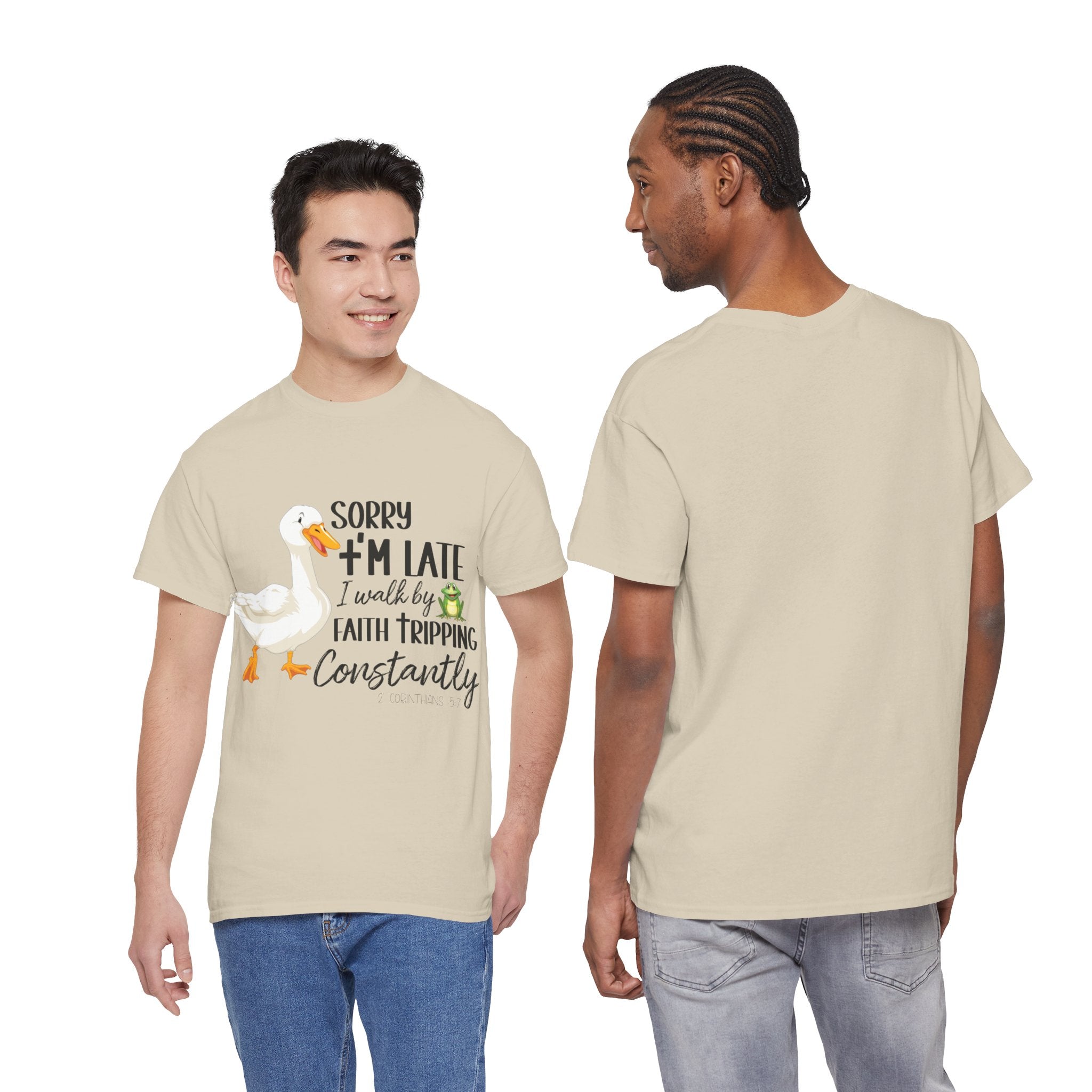 Christian Humor T-Shirt — “Sorry I’m Late, I Walk by Faith Tripping Constantly” (Duck & Frog). Unisex Cotton Tee
