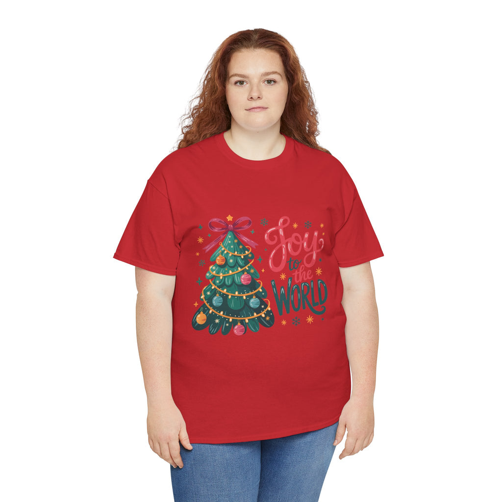 Joy to the World Christmas Tee — Festive Tree with Pink Bow..Unisex Cotton Tee