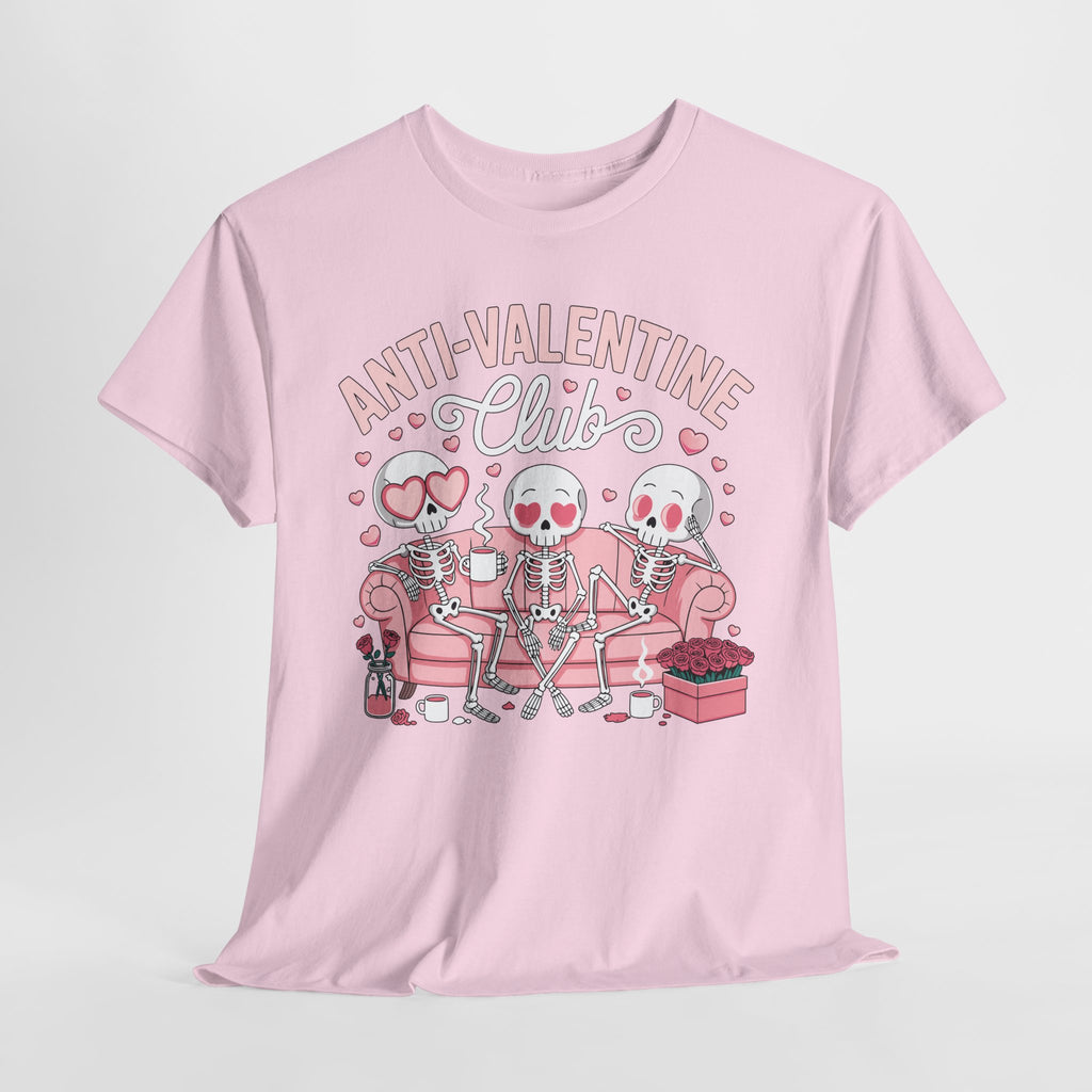 Anti-Valentine Club Skeleton Tee — Anti-Romance Pink Couch Graphic Unisex Cotton T-Shirt