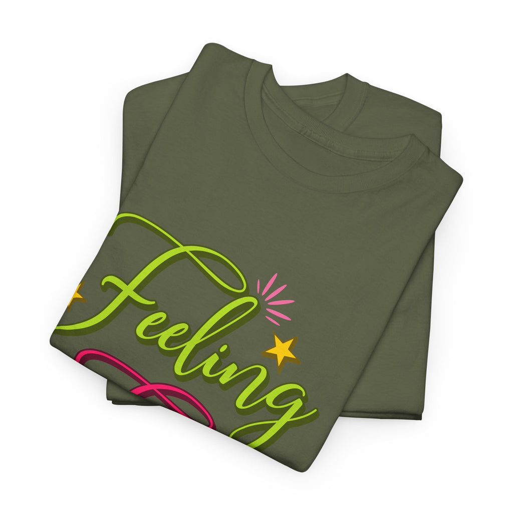 Feeling Frosty Holiday T-Shirt — Green & Pink Script Stars.Unisex Cotton Tee