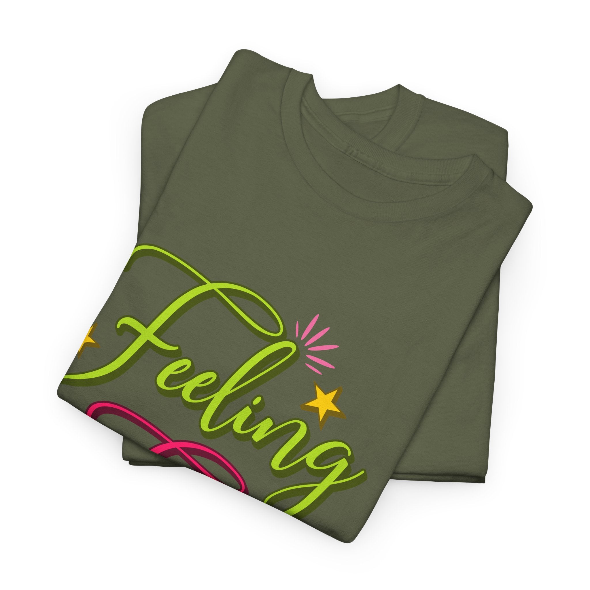 Feeling Frosty Holiday T-Shirt — Green & Pink Script Stars.Unisex Cotton Tee