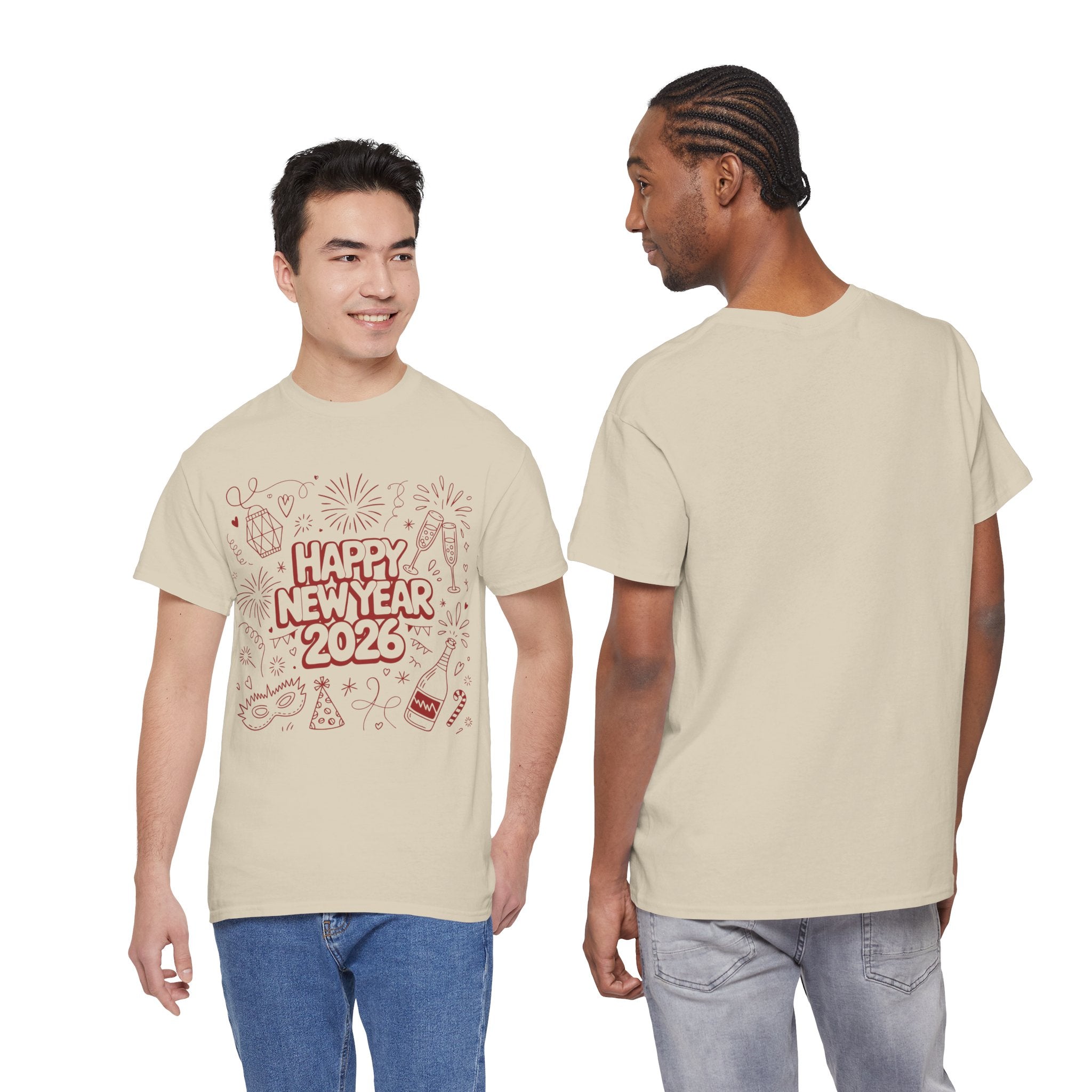 Happy New Year 2026 Doodle T-Shirt — Pink Party Icons & Champagne Unisex Cotton Tee