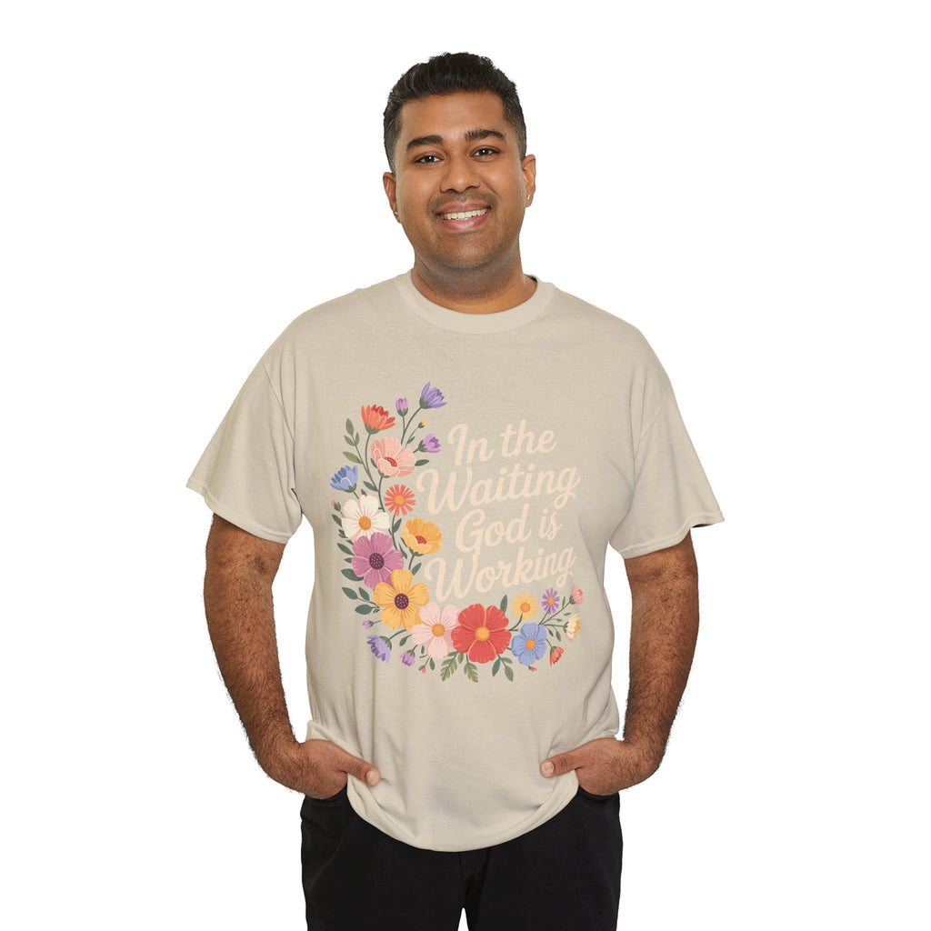 Pastel Floral “In the Waiting God Is Working” Unisex Cotton T-Shirt