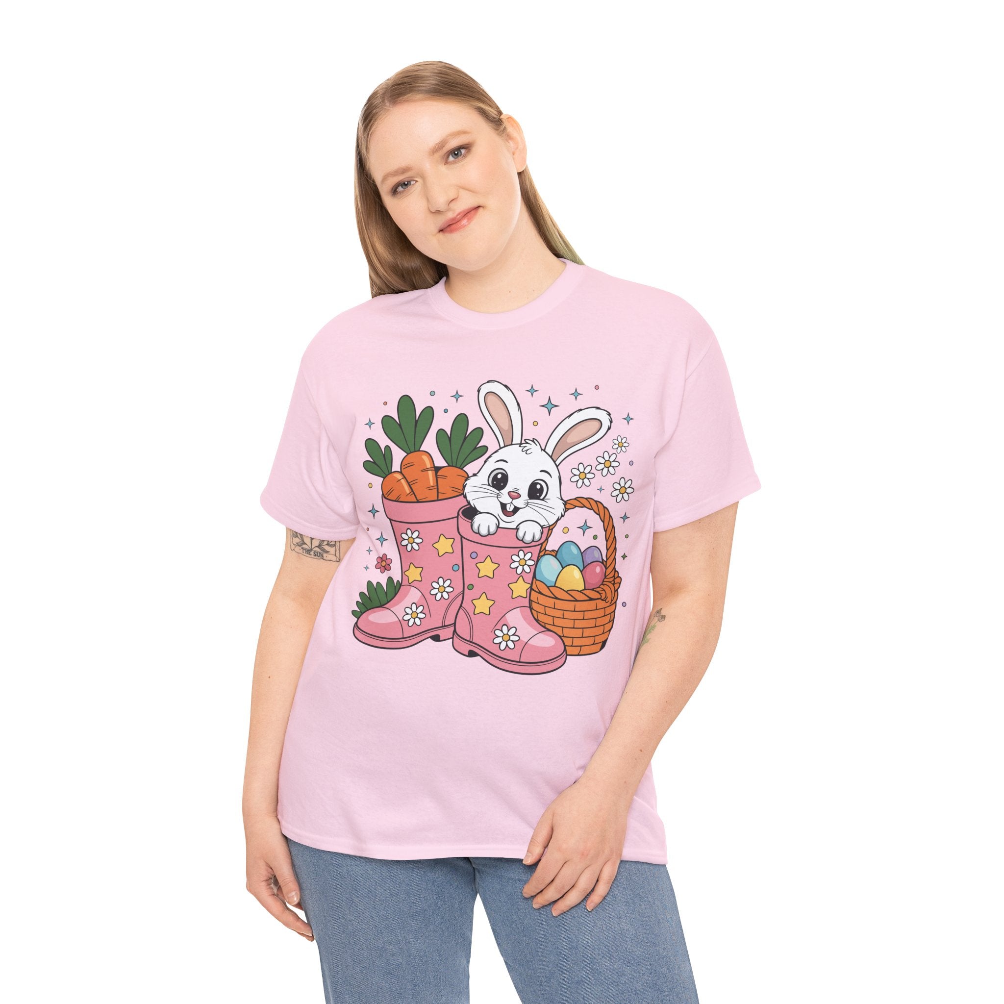 Easter Bunny in Pink Rain Boots T-Shirt — Cartoon Bunny, Carrots & Colorful Eggs Unisex Cotton Tee