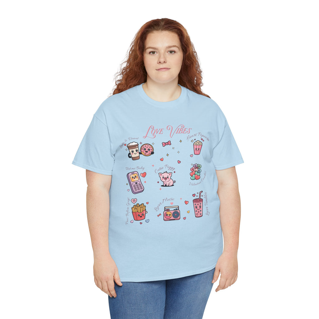 Love Vibes Kawaii Valentine T-Shirt — Cute Donut, Coffee & Piglet Design Unisex Cotton Tee