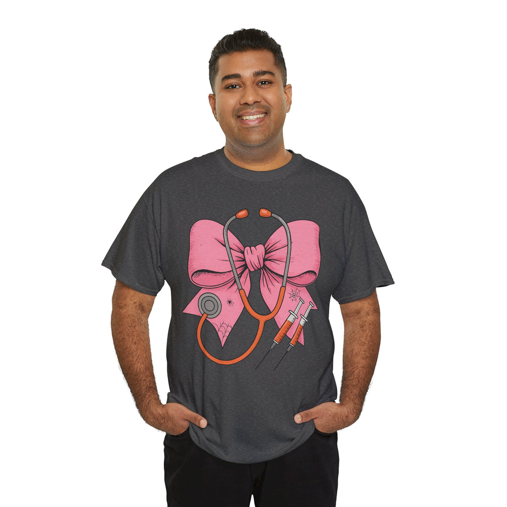 Halloween Nurse T‑Shirt — Pink Nurse Bow with Stethoscope, Syringes & Spider Webs..Unisex Cotton Tee