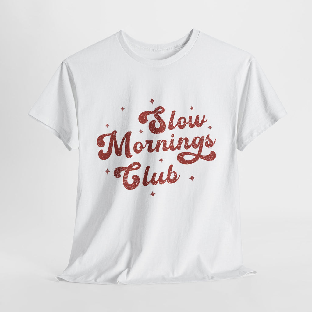 Slow Mornings Club T-Shirt — Retro Red Sparkle Unisex Cotton Tee