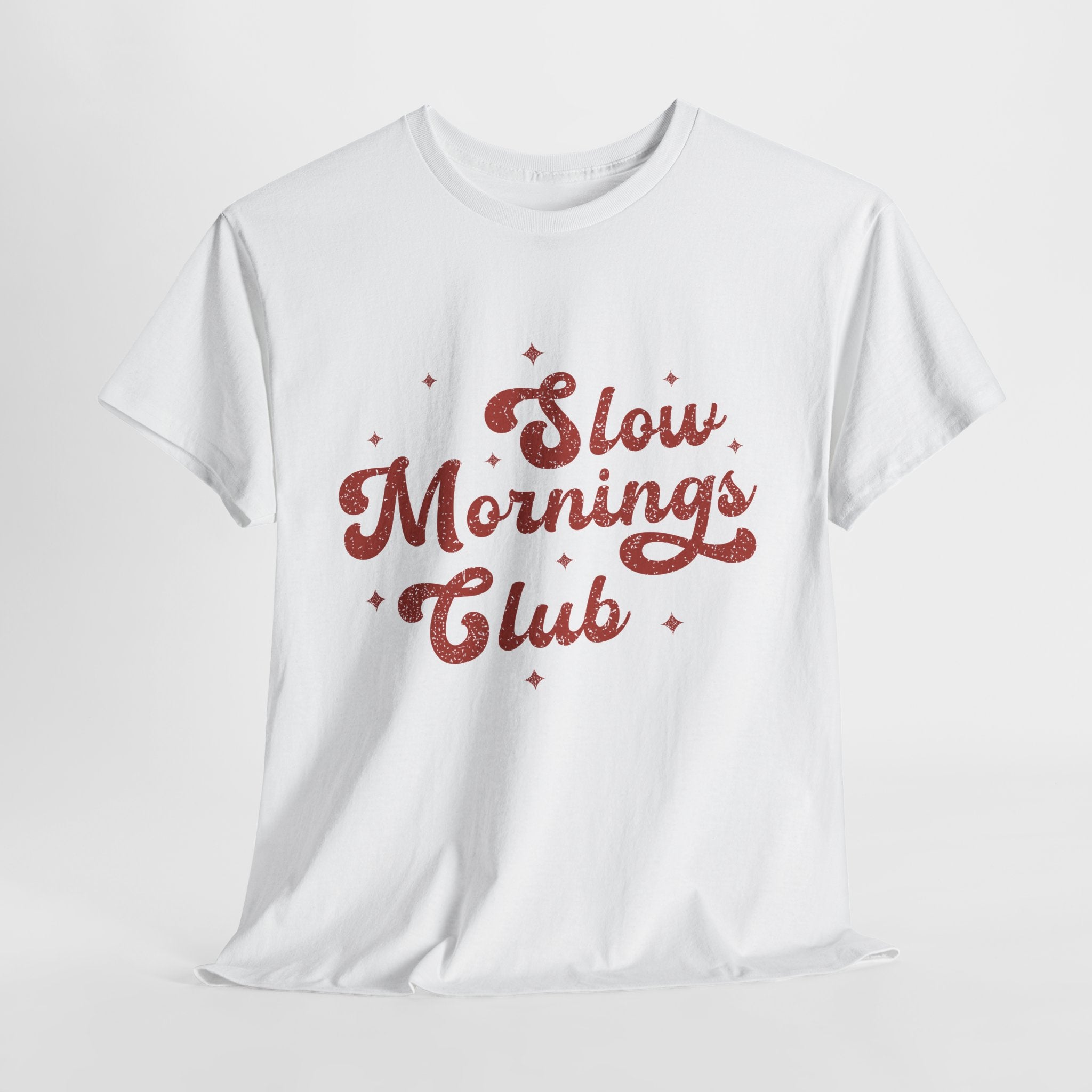 Slow Mornings Club T-Shirt — Retro Red Sparkle Unisex Cotton Tee