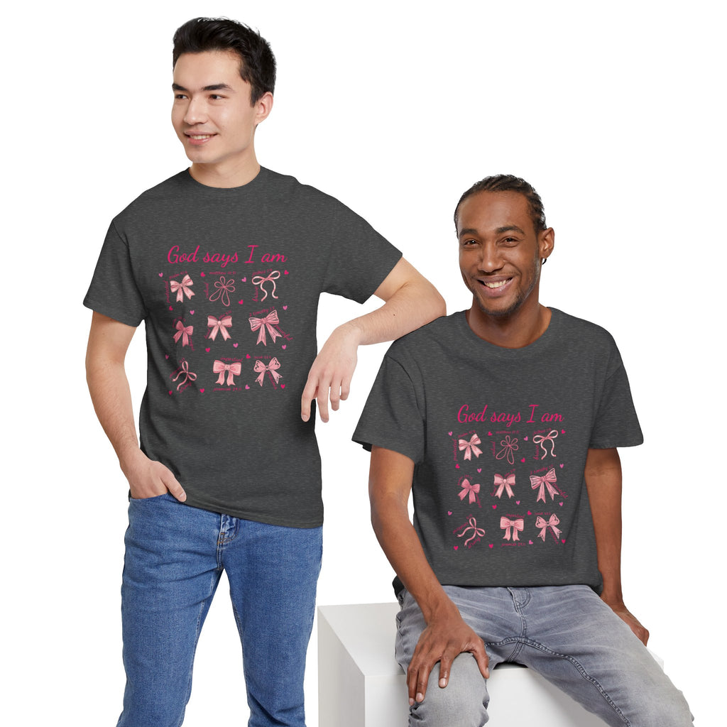 God Says I Am Pink Bow Tee — Faith-Based 'Loved, Brave, Strong' Unisex Cotton Shirt