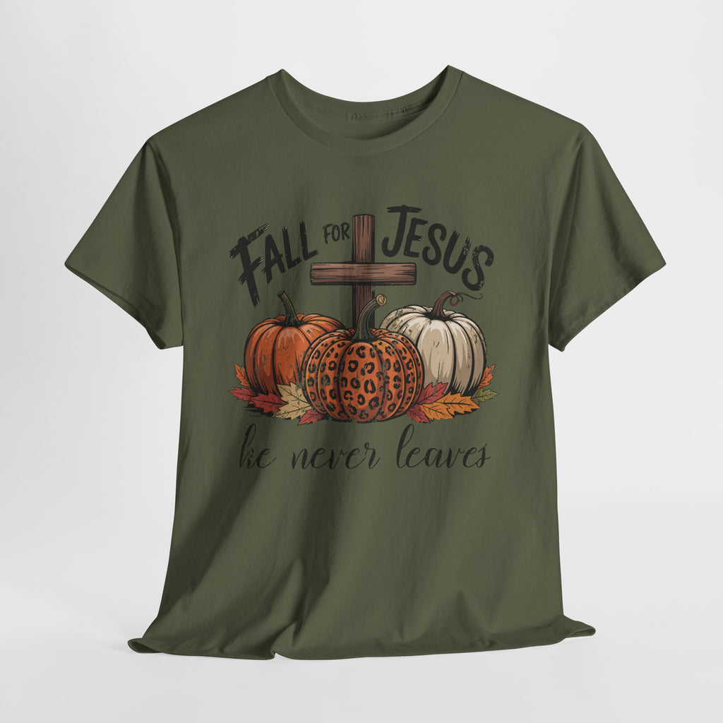 Fall for Jesus Pumpkin Cross Tee — "He Never Leaves" Autumn Christian Unisex Cotton T-Shirt
