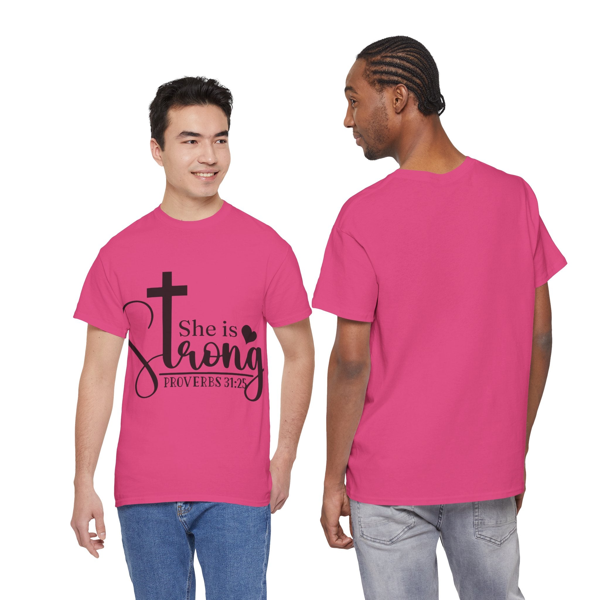 Proverbs 31:25 'She is Strong' T-Shirt – Christian Cross & Heart Unisex Cotton Tee