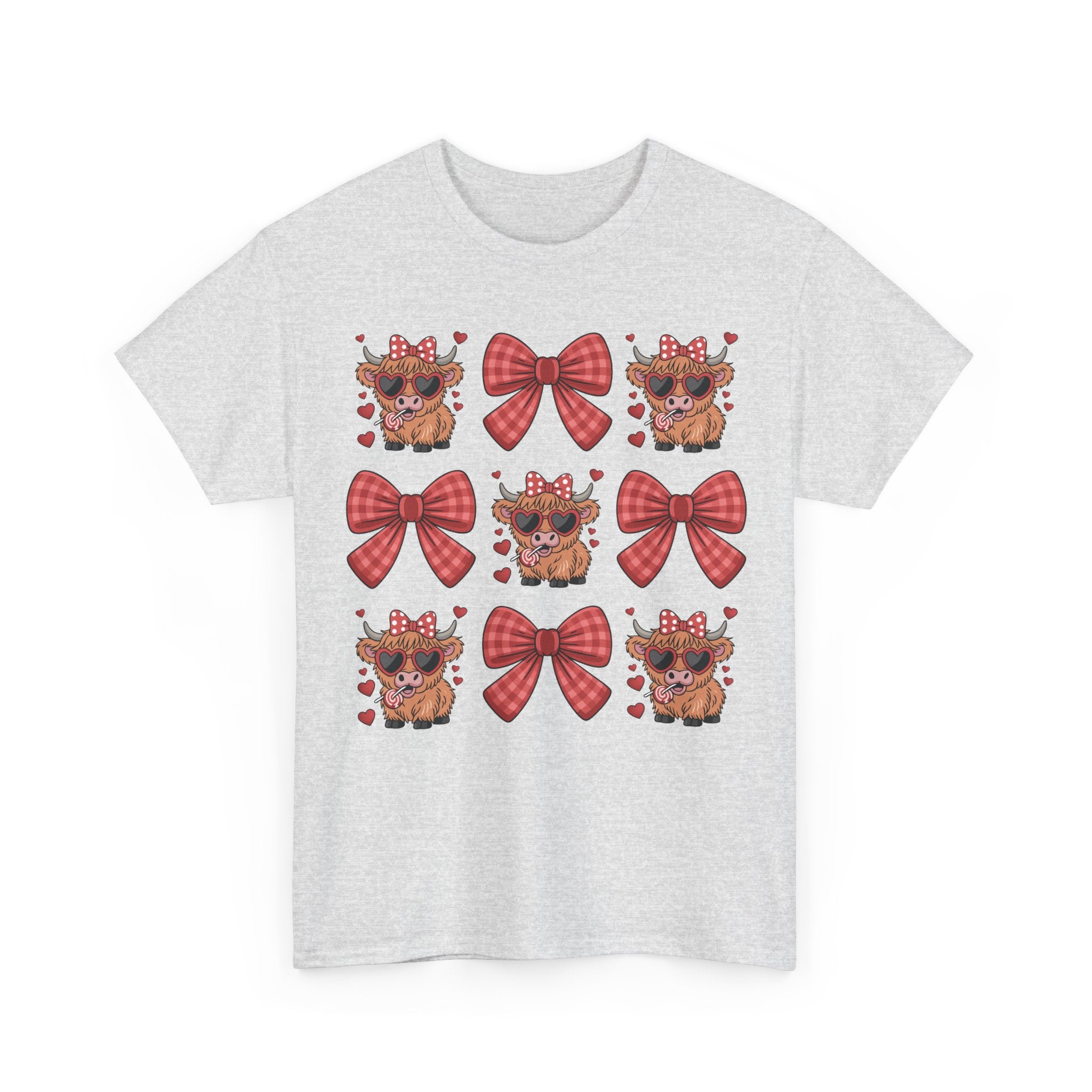 Valentine Cow Checkered Tee — Fluffy Cows with Heart Sunglasses & Red Bows..Unisex Cotton Tee