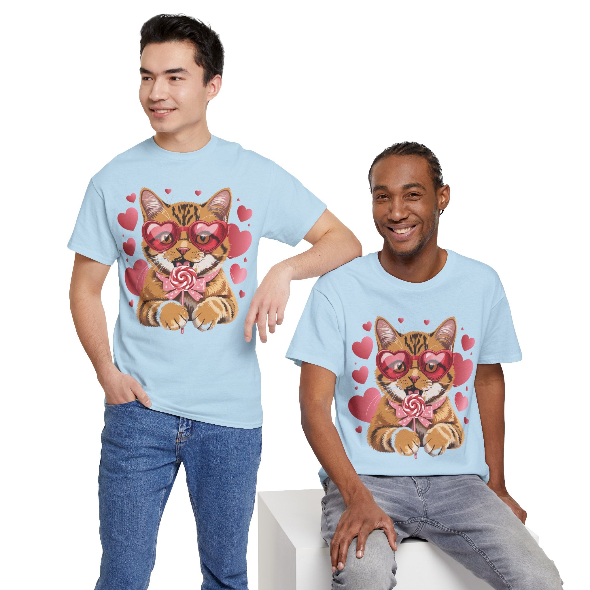 Valentine Cat Tee — Heart Glasses, Lollipop Bow Unisex Cotton Tee