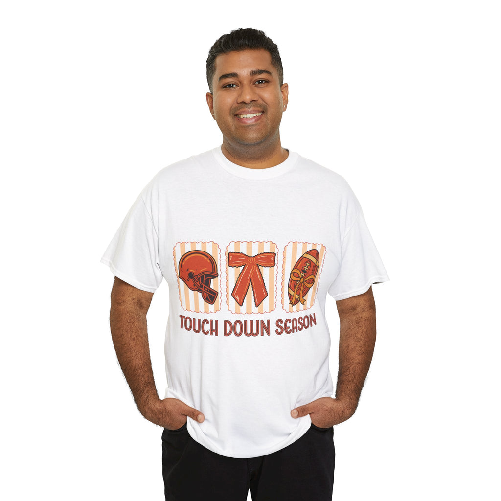 Touch Down Season Football Tee — Striped Fall Helmet & Bow Design Unisex Cotton Tee