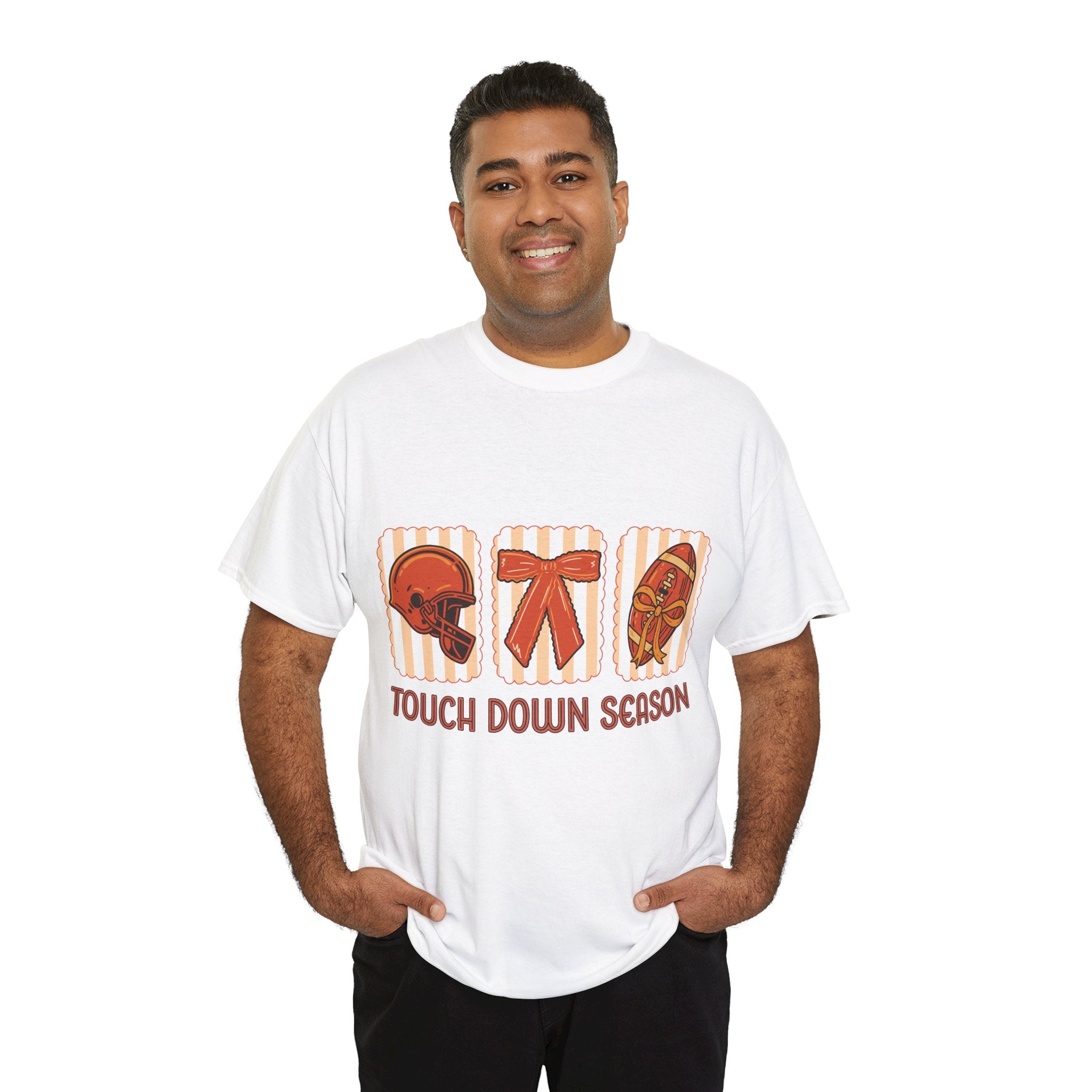 Touch Down Season Football Tee — Striped Fall Helmet & Bow Design Unisex Cotton Tee