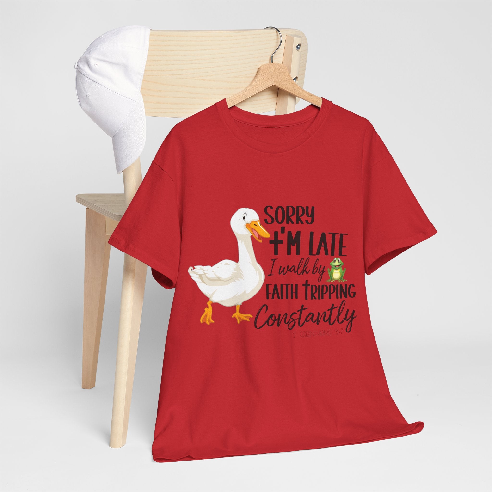 Christian Humor T-Shirt — “Sorry I’m Late, I Walk by Faith Tripping Constantly” (Duck & Frog). Unisex Cotton Tee