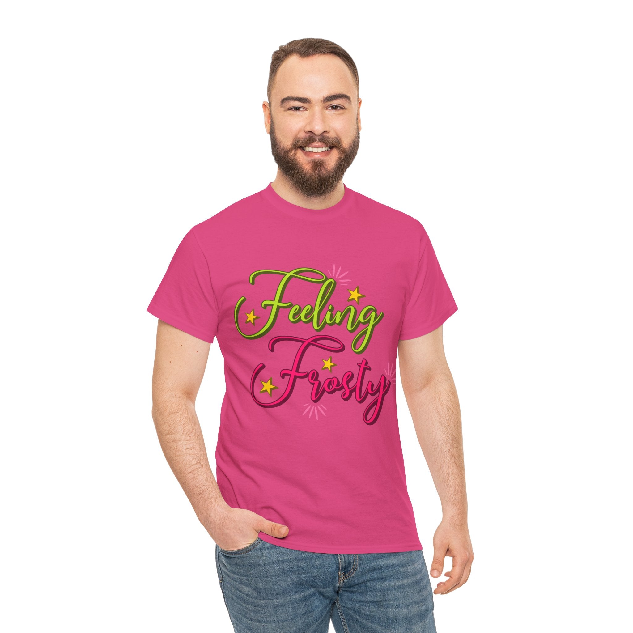 Feeling Frosty Holiday T-Shirt — Green & Pink Script Stars.Unisex Cotton Tee