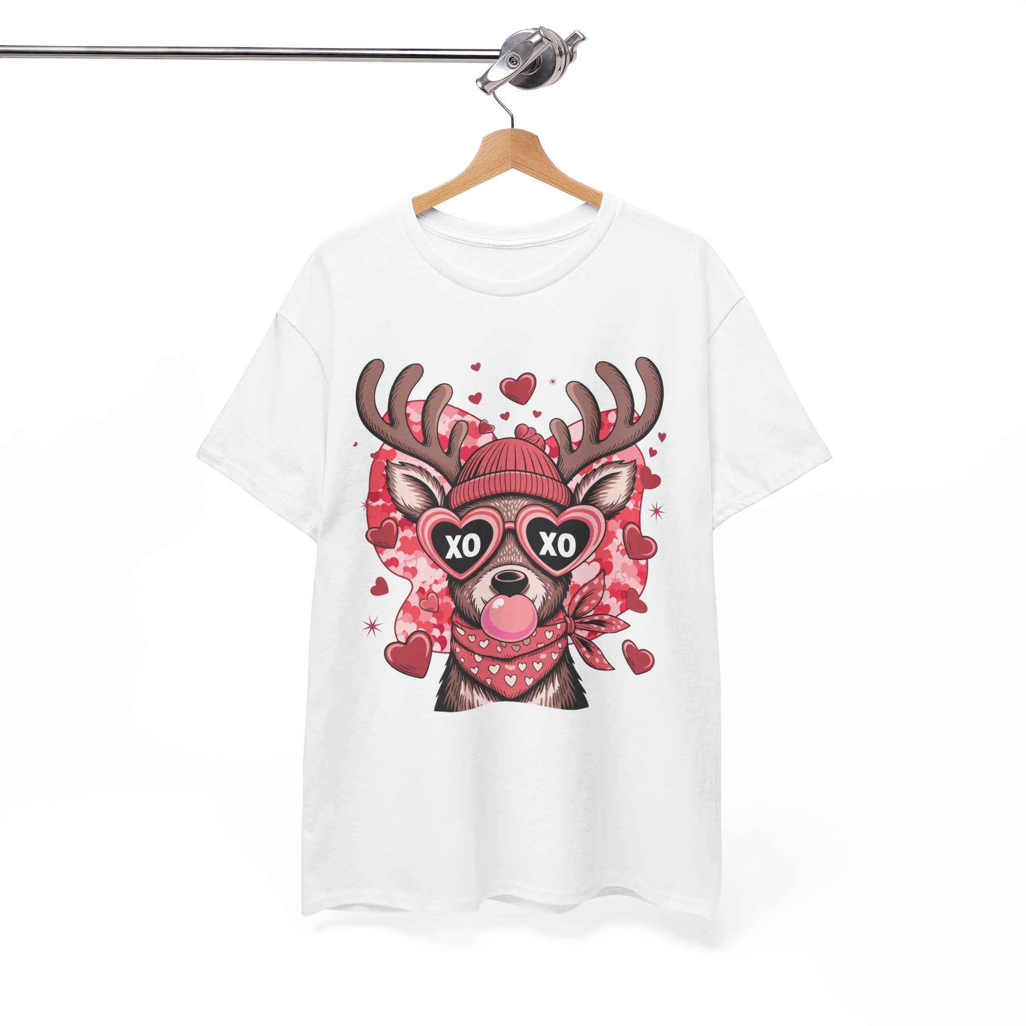 Valentine Deer Tee — Cute XO Heart Glasses, Beanie & Scarf Unisex Cotton Tshirt