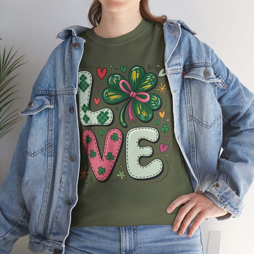 Stitched Clover 'LOVE' Tee — Heart & Patchwork St. Patrick's Unisex Cotton T-Shirt