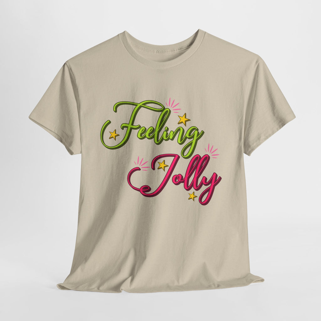 Feeling Jolly Tee — Festive Green & Pink Script with Yellow Stars Unisex Cotton Tee