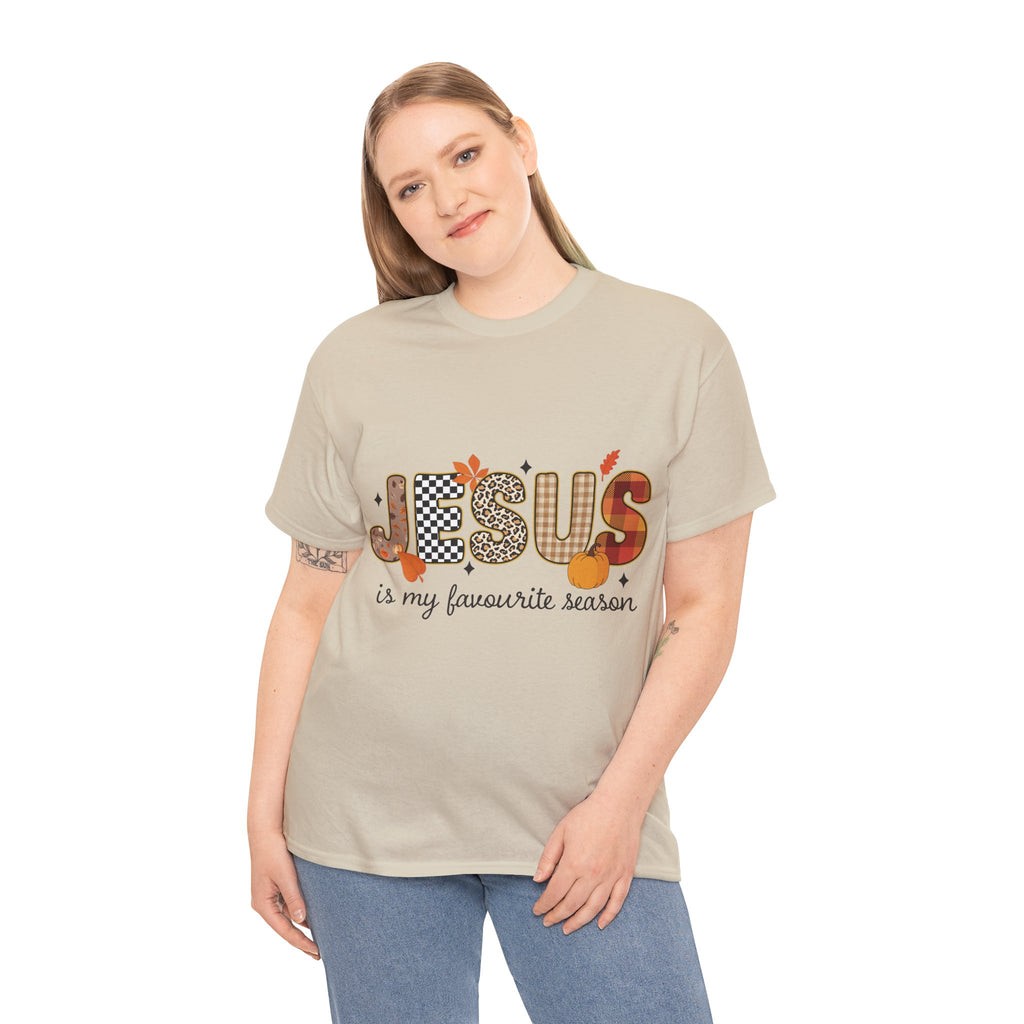 Jesus Is My Favorite Season Tee — Autumn Plaid & Leopard Lettering Unisex Cotton Tee