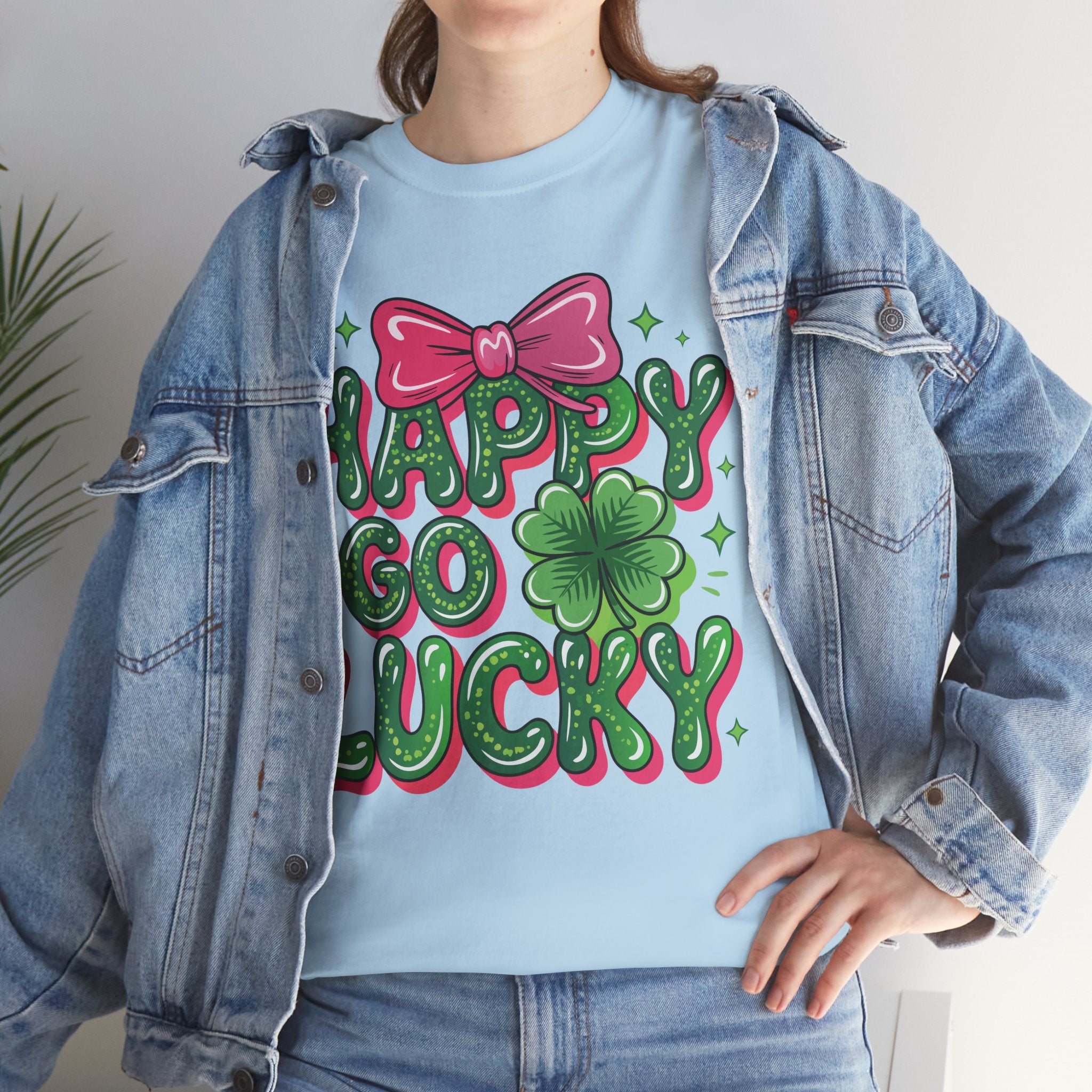 Happy Go Lucky Four-Leaf Clover Tee — Glossy Green Letters & Pink Bow Unisex Cotton Tee