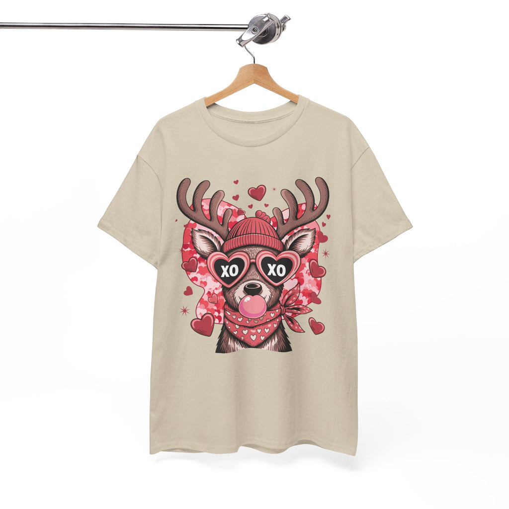 Valentine Deer Tee — Cute XO Heart Glasses, Beanie & Scarf Unisex Cotton Tshirt