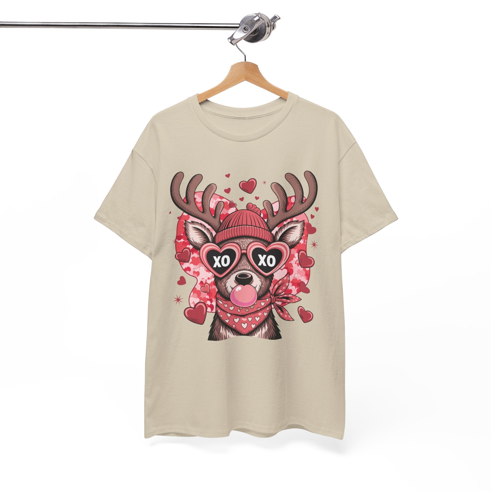 Valentine Deer Tee — Cute XO Heart Glasses, Beanie & Scarf Unisex Cotton Tshirt