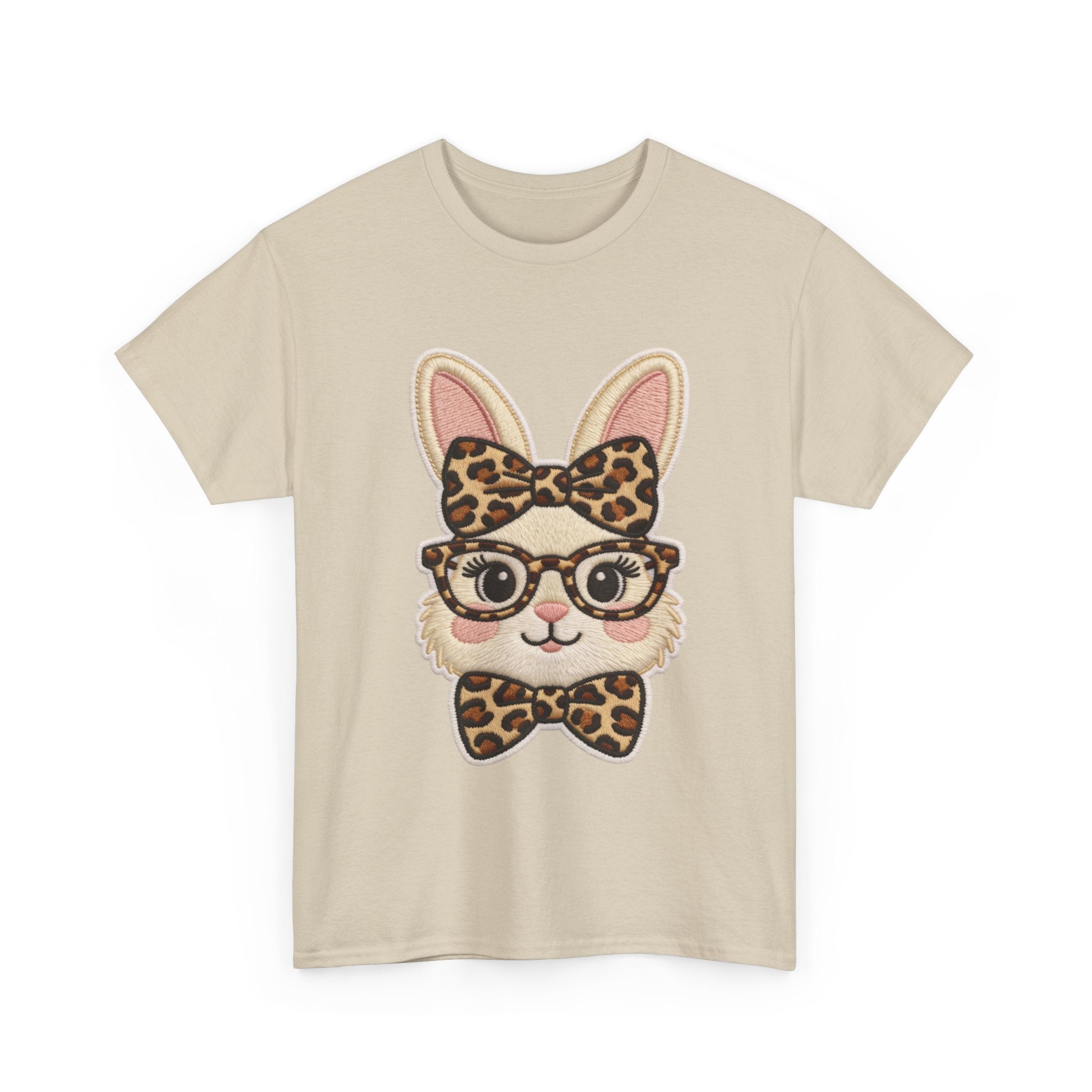 Leopard Bow Bunny Embroidered Tee — Cute Bunny Face with Glasses Patch Unisex Cotton Tee
