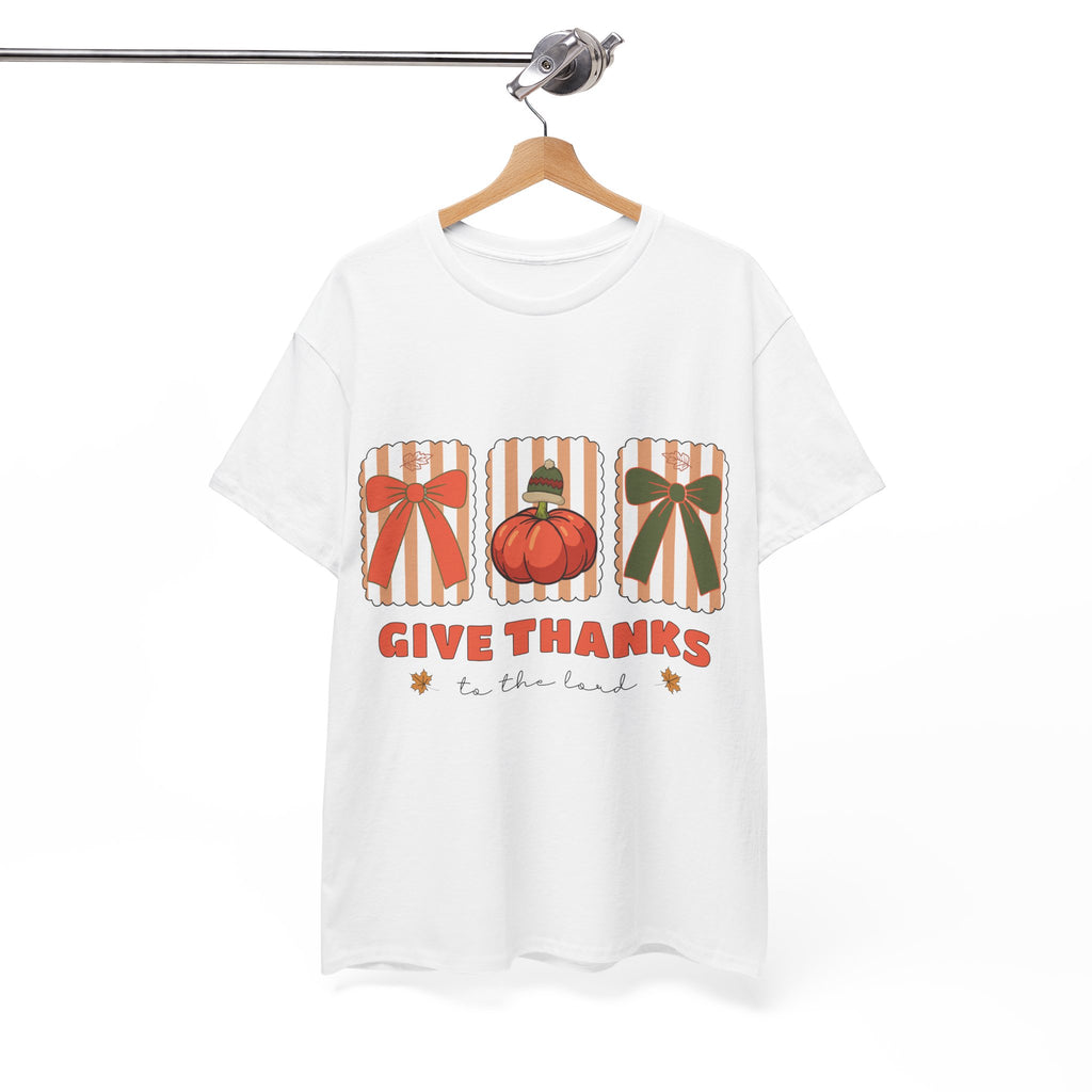 Give Thanks Thanksgiving T-Shirt — Pumpkin with Hat & Bows Unisex Cotton Tee