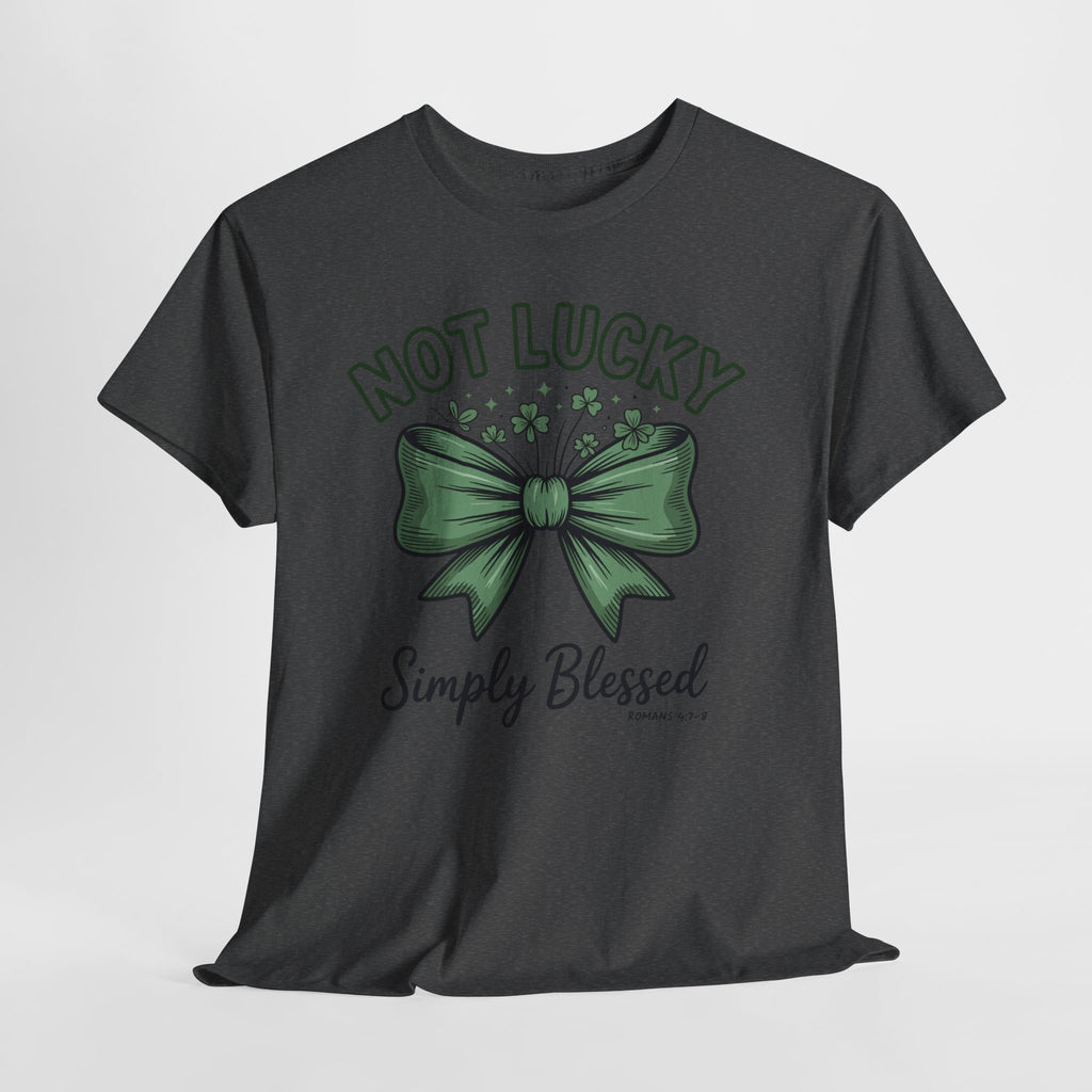 Not Lucky, Simply Blessed T-Shirt — Green Bow & Clovers St. Patrick’s Unisex Cotton Tee