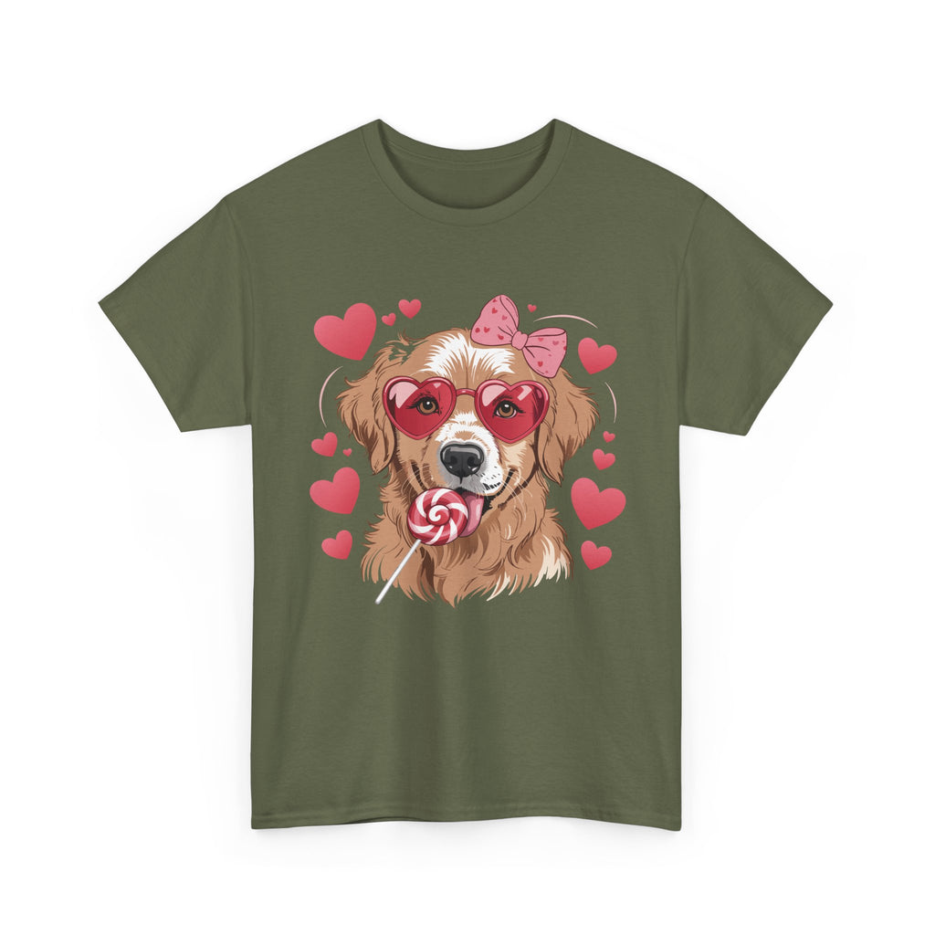 Valentine Dog T-Shirt — Cute Pup with Heart Glasses, Pink Bow & Lollipop..Unisex Cotton Tee