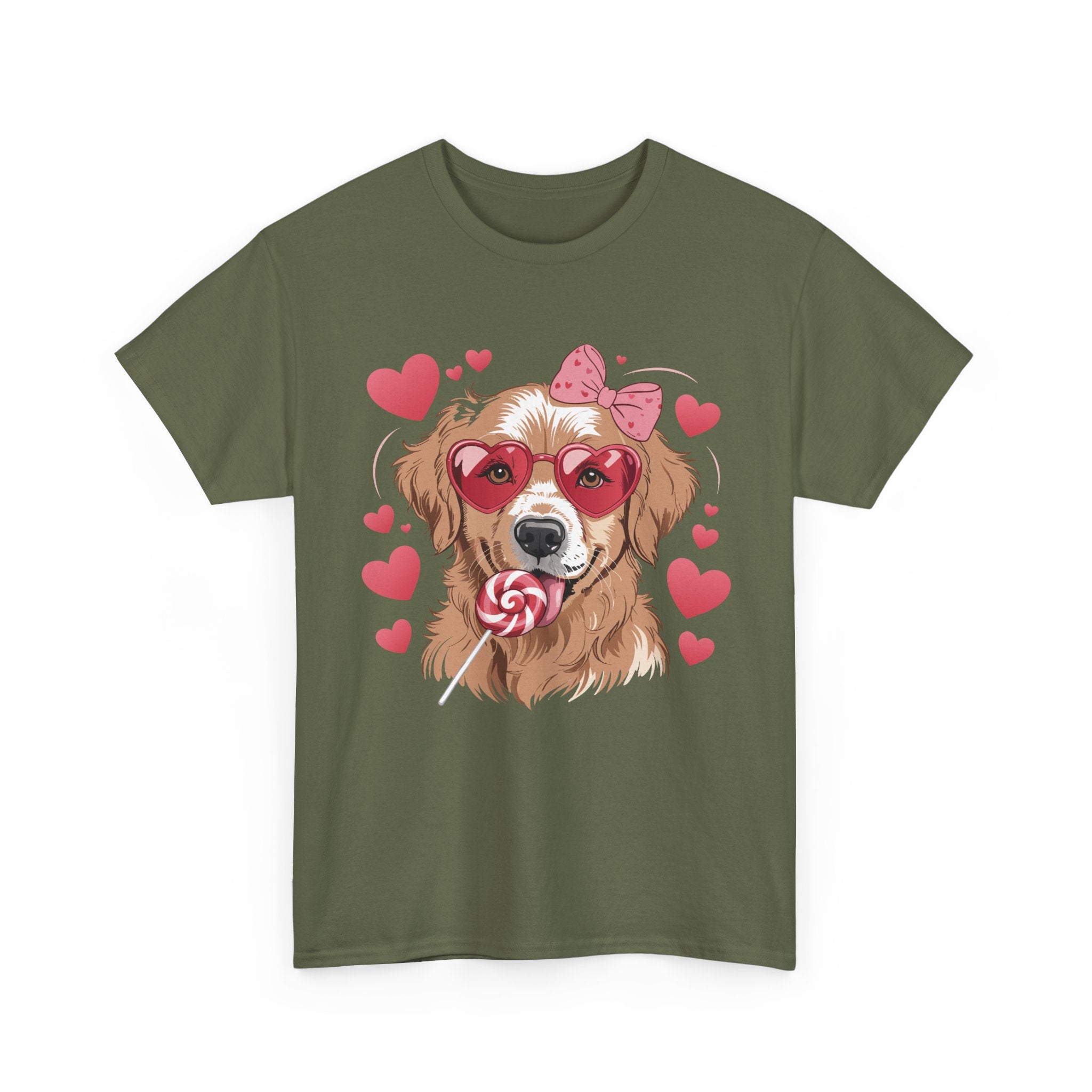 Valentine Dog T-Shirt — Cute Pup with Heart Glasses, Pink Bow & Lollipop..Unisex Cotton Tee